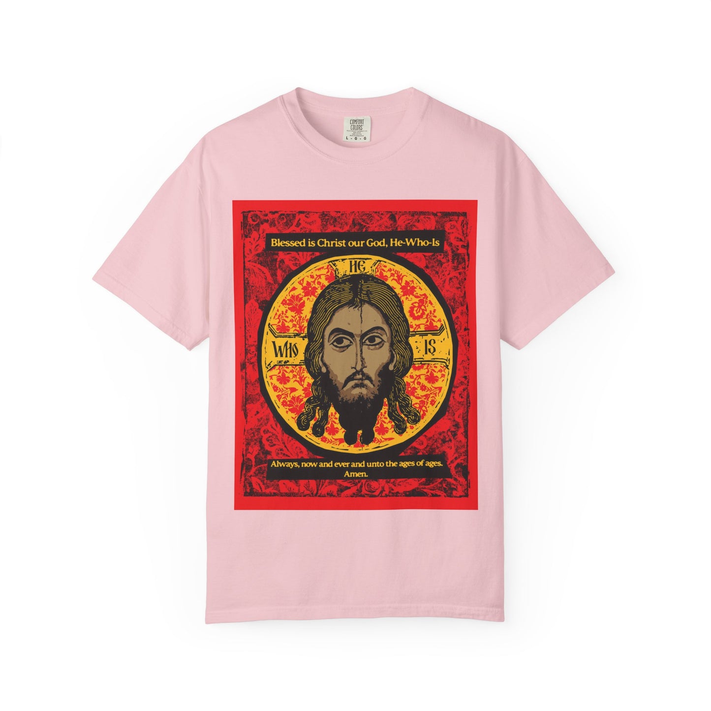 Blossom "Made Without Hands" unisex t-shirt featuring Jesus Christ's Orthodox mandylion icon and hymn-inspired religious text. Heavyweight cotton, icono-graphic design.