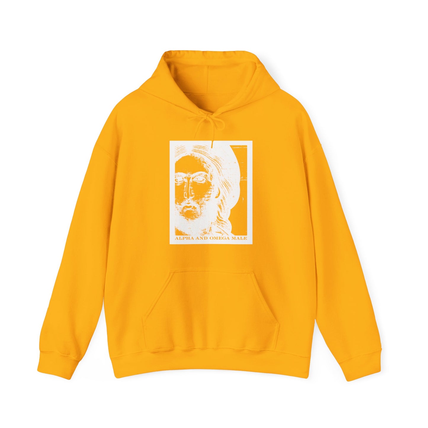 Gold hoodie featuring a white abstract face and "Alpha & Omega Male" text on front, inspired by Revelation 22—Orthodox Christian cotton/poly blend.