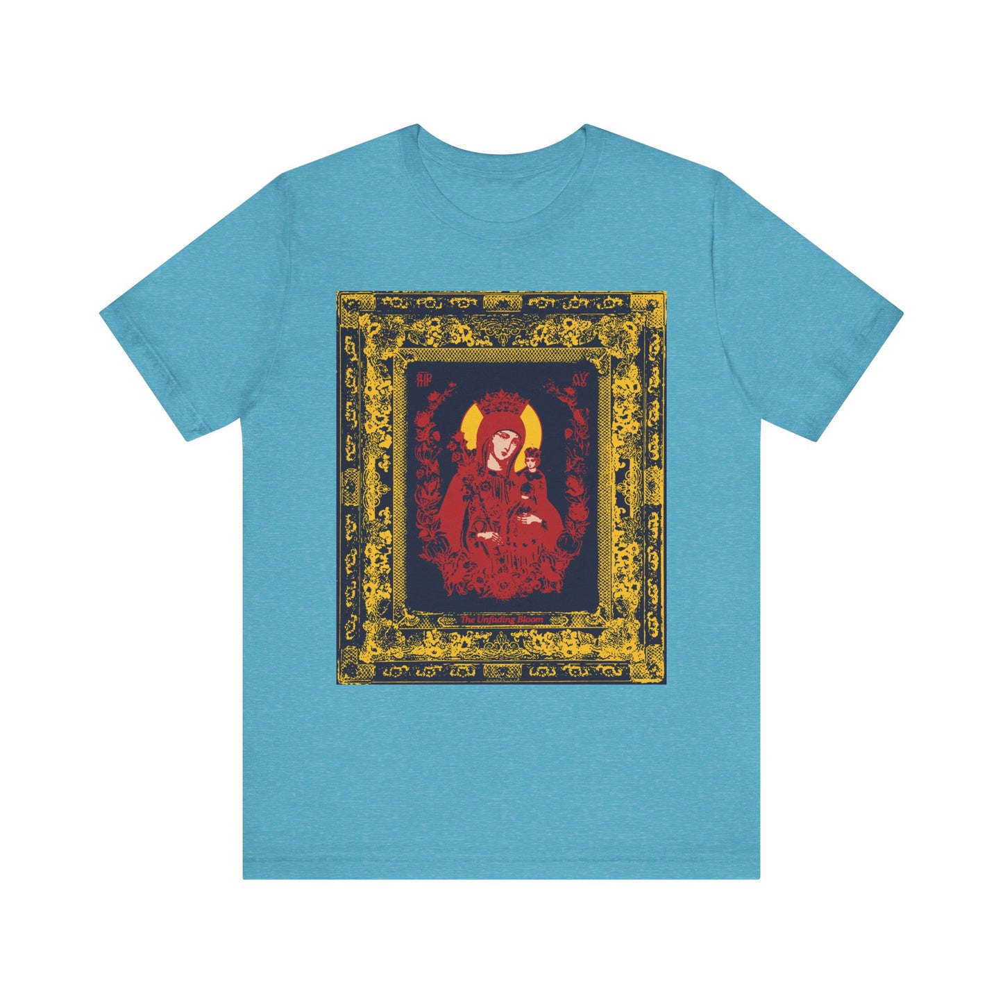 Heather Aqua T-shirt featuring a framed red and gold iconographic graphic of Mary, the Mother of God (Theotokos), crowned and holding a lamb at the center.