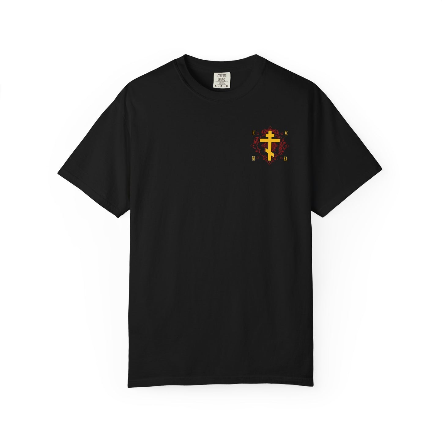 Black heavyweight cotton unisex t-shirt featuring a small ICXC NIKA yellow Orthodox cross on an ornate red background design, inspired by Christ Conquers, on the upper left chest.