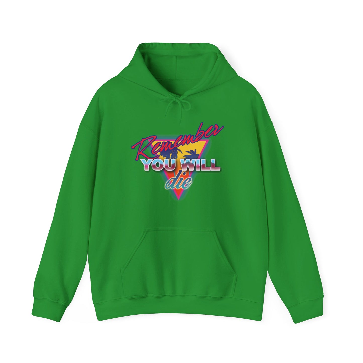 Irish Green hoodie featuring a vibrant palm tree 80s retro synthwave graphic and "Remember YOU WILL die" text, inspired by St. John Climacus’s Ladder of Divine Ascent. Memento Mori - Orthodox Christian cotton/poly blend.