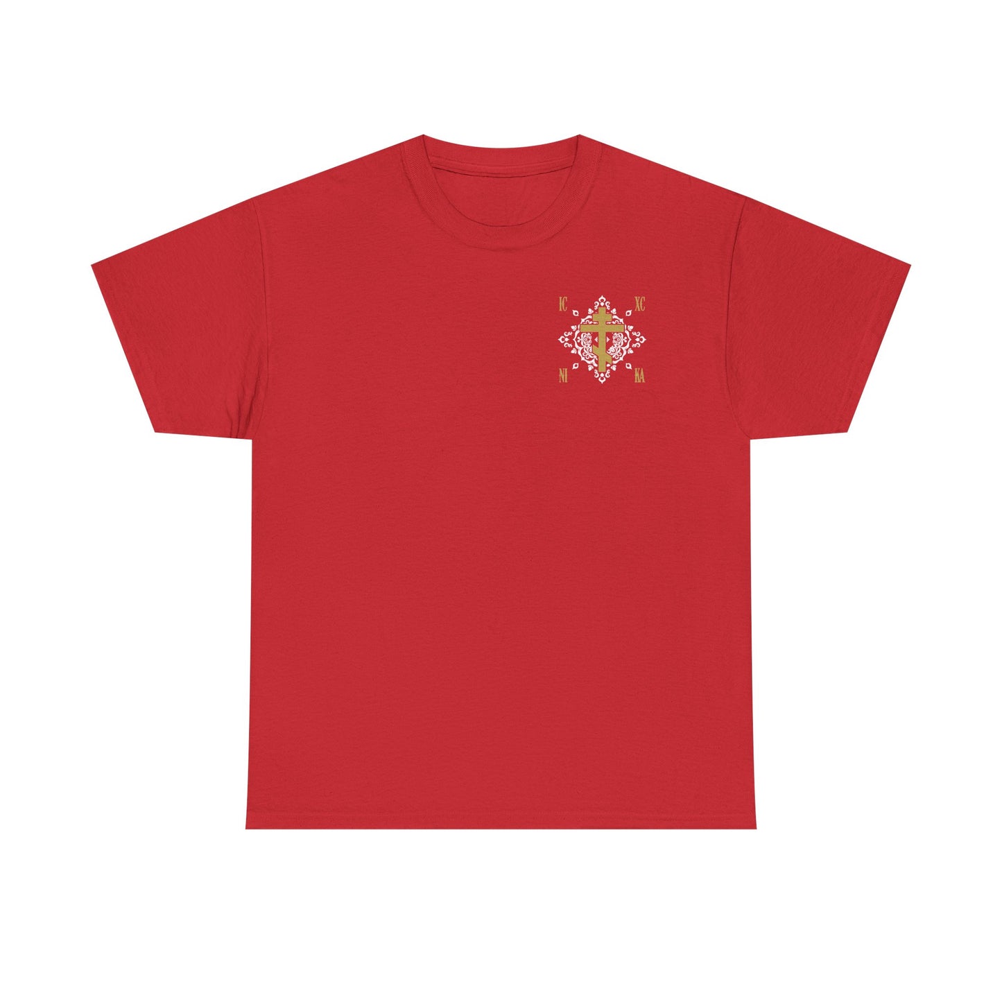 Gold Orthodox Cross ICXC NIKA  (Small Design) | White Medieval Ornate Floral Pattern | Jesus Christ Conquers | Midweight Cotton Unisex Tee