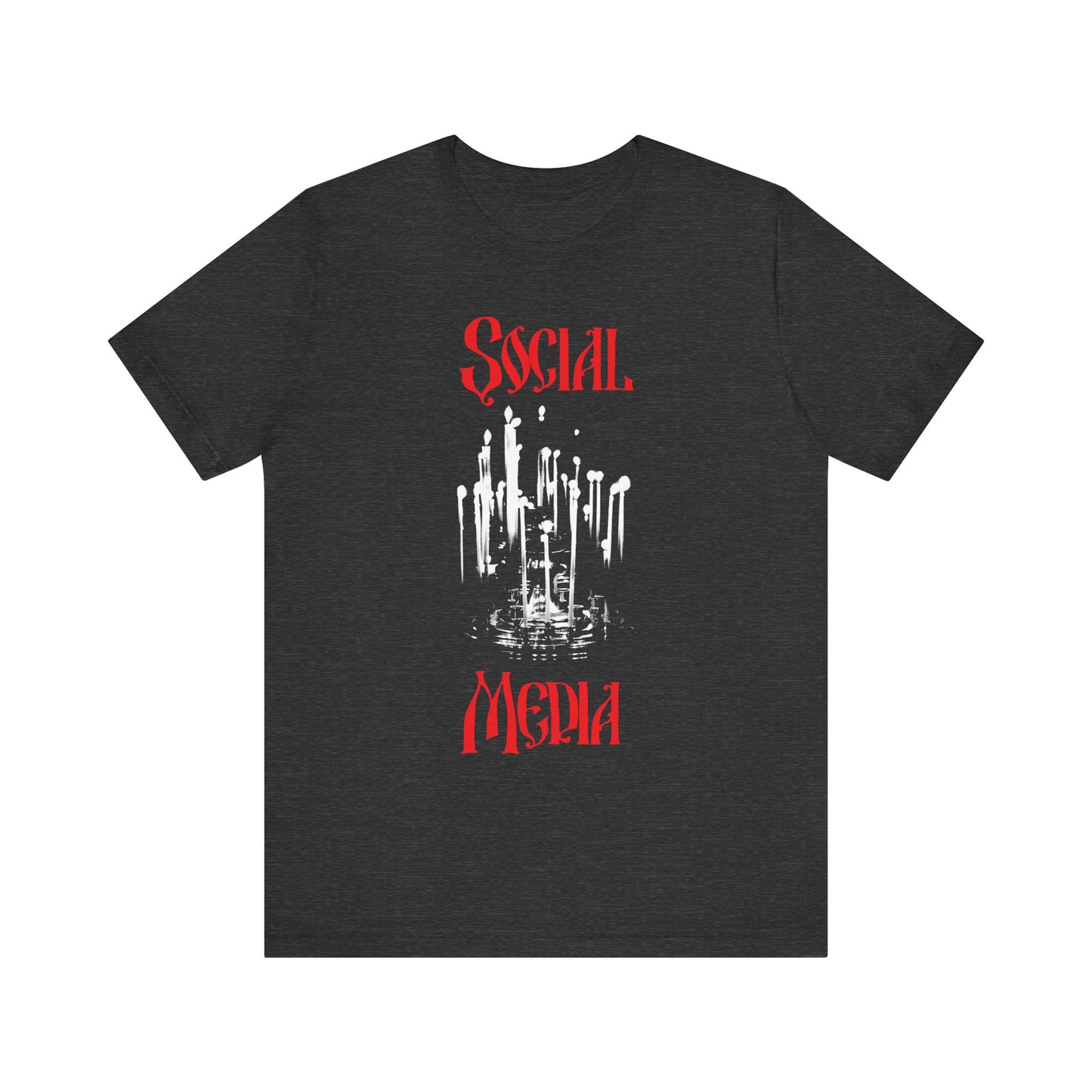 Dark Grey Heather unisex cotton T-shirt featuring "Orthodox Social Media" in red gothic lettering and melting white memorial candles at the center, inspired by the strength of victorious martyrs like St. Cyprian of Carthage and St. Ephraim the Syrian.