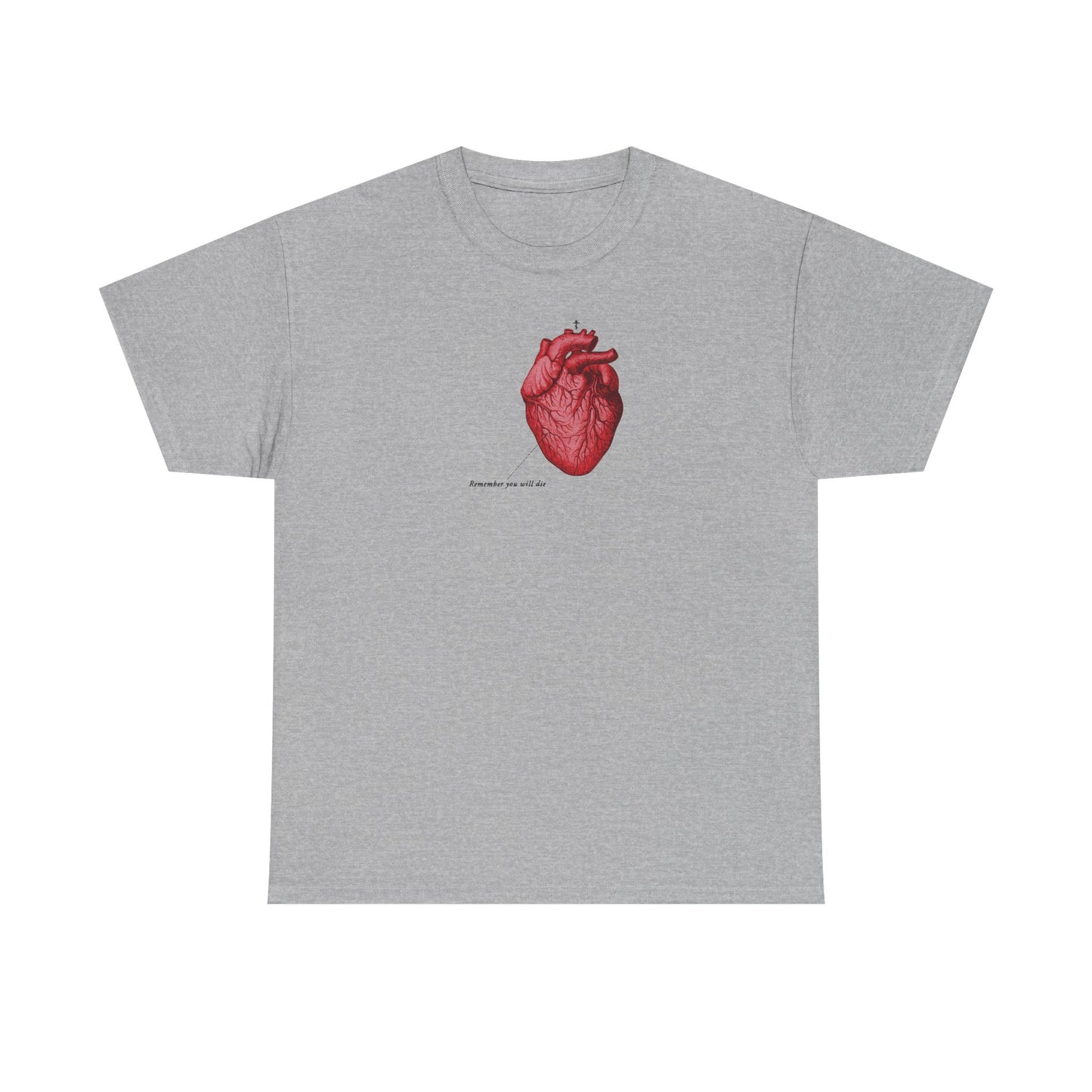 Sport Grey heavy cotton t-shirt with a retro medical textbook heart and small black "repentance" text beneath—featuring Orthodox cross, memento mori theme, and nods to Christian faith: “Remember You Will Die” and “It’s Later Than You Think.”.