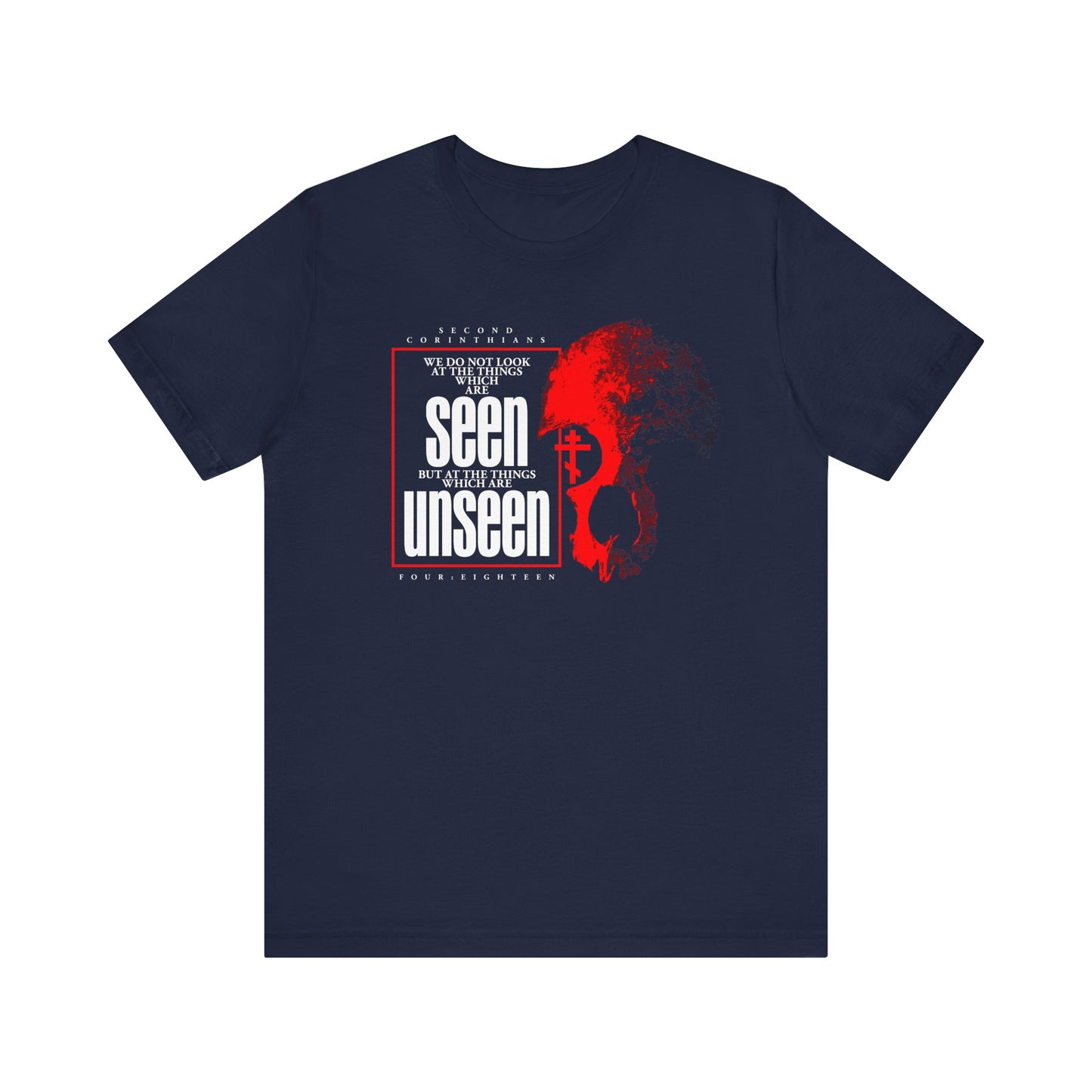 Navy "We Do Not Look At the Things Which Are Seen (St. Paul)" tee, featuring a bold red skull, tree, Orthodox cross, and white and red text inspired by 2 Corinthians 4:16-18—an Orthodox horror aesthetic design highlighting “light affliction” and the promise of eternal glory.