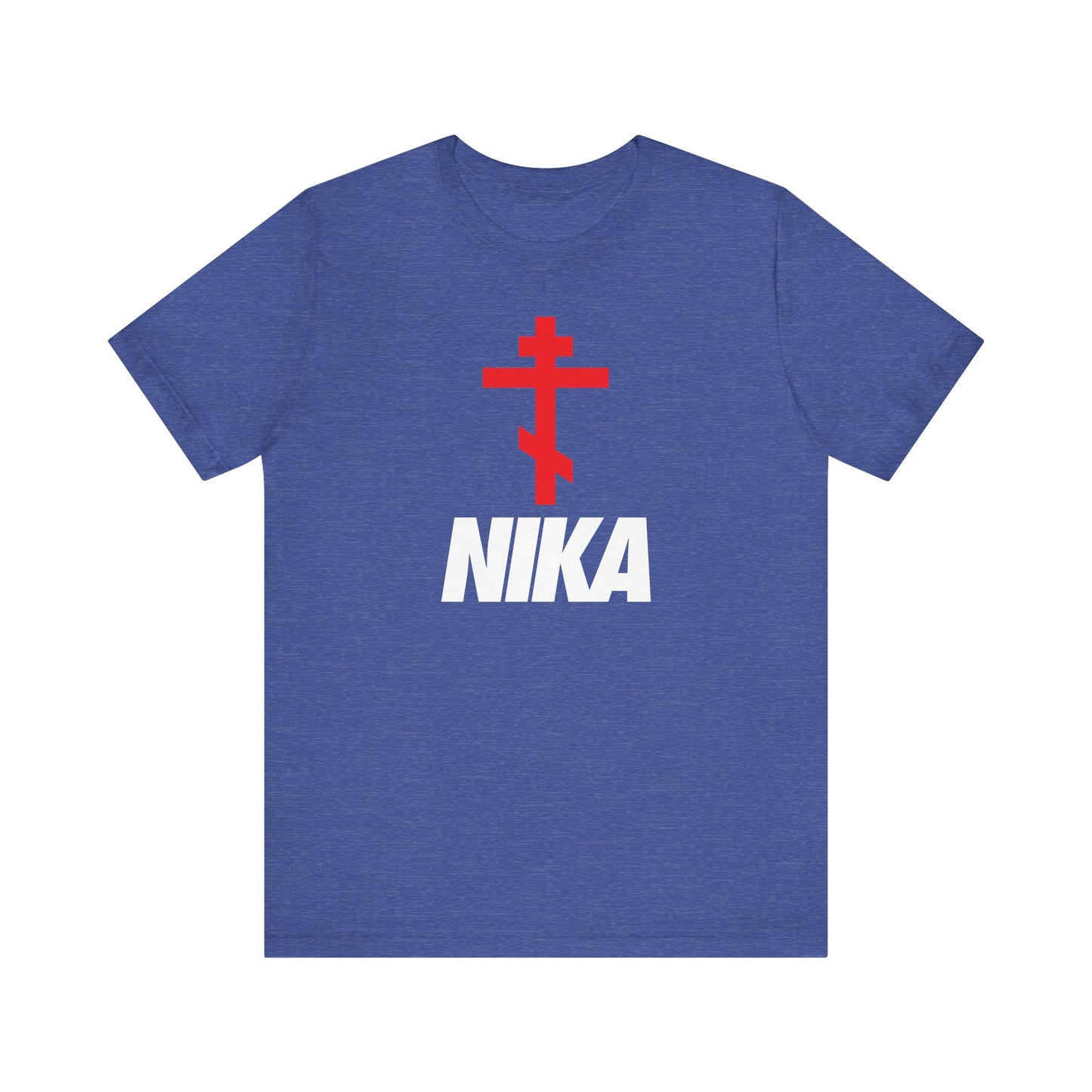 Heather True Royal tee featuring a red Orthodox cross and Christogram above bold white NIKA text, inspired by the NIKE logo. Lightweight cotton unisex design blends athletic ascetic fashion with minimalist Christian style.