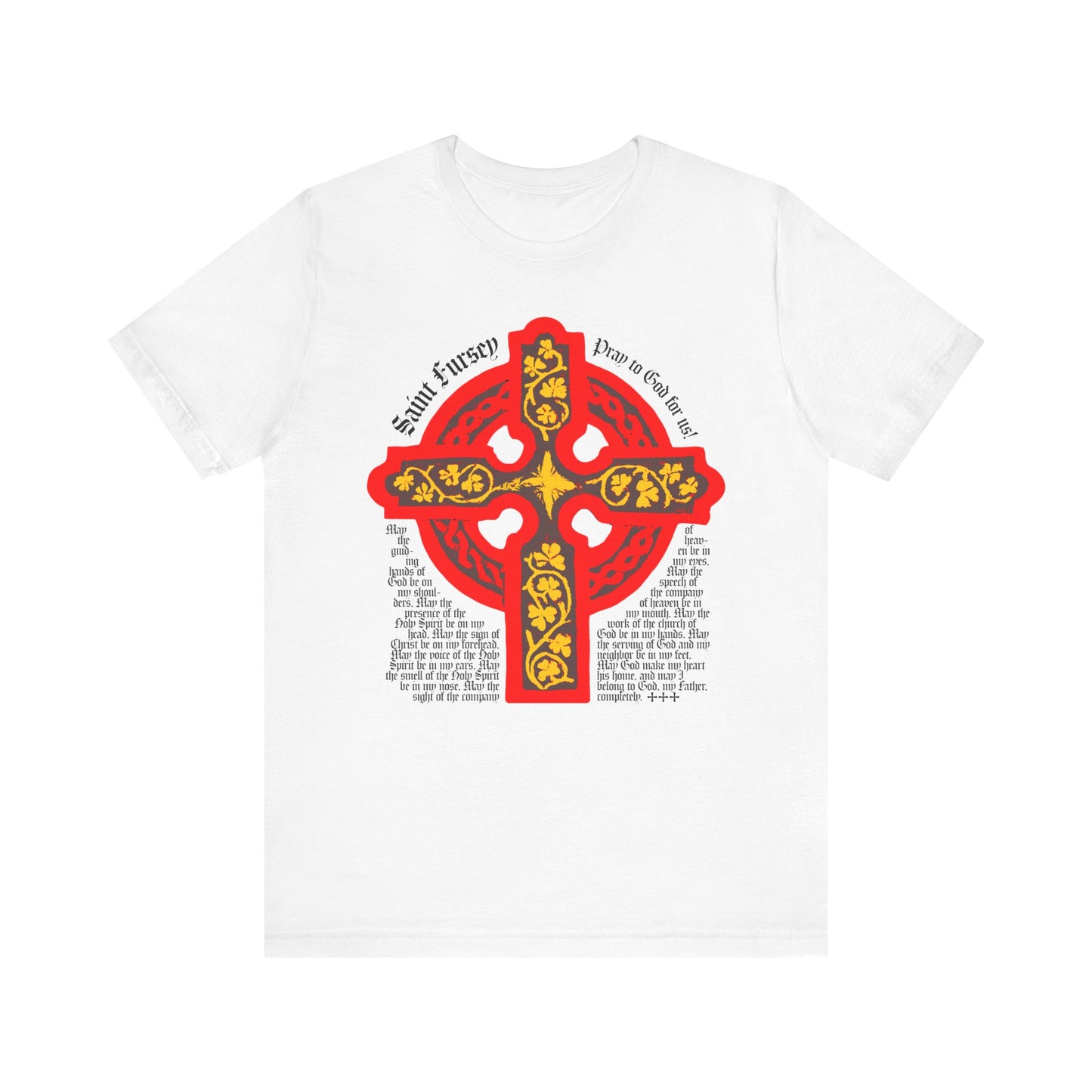 White cotton unisex tee featuring a red and yellow Celtic cross, inspired by the Lorica Shield Prayer of St Fursey and Ancient Celtic Church prayers. Irish Orthodox Western Rite Christian design.