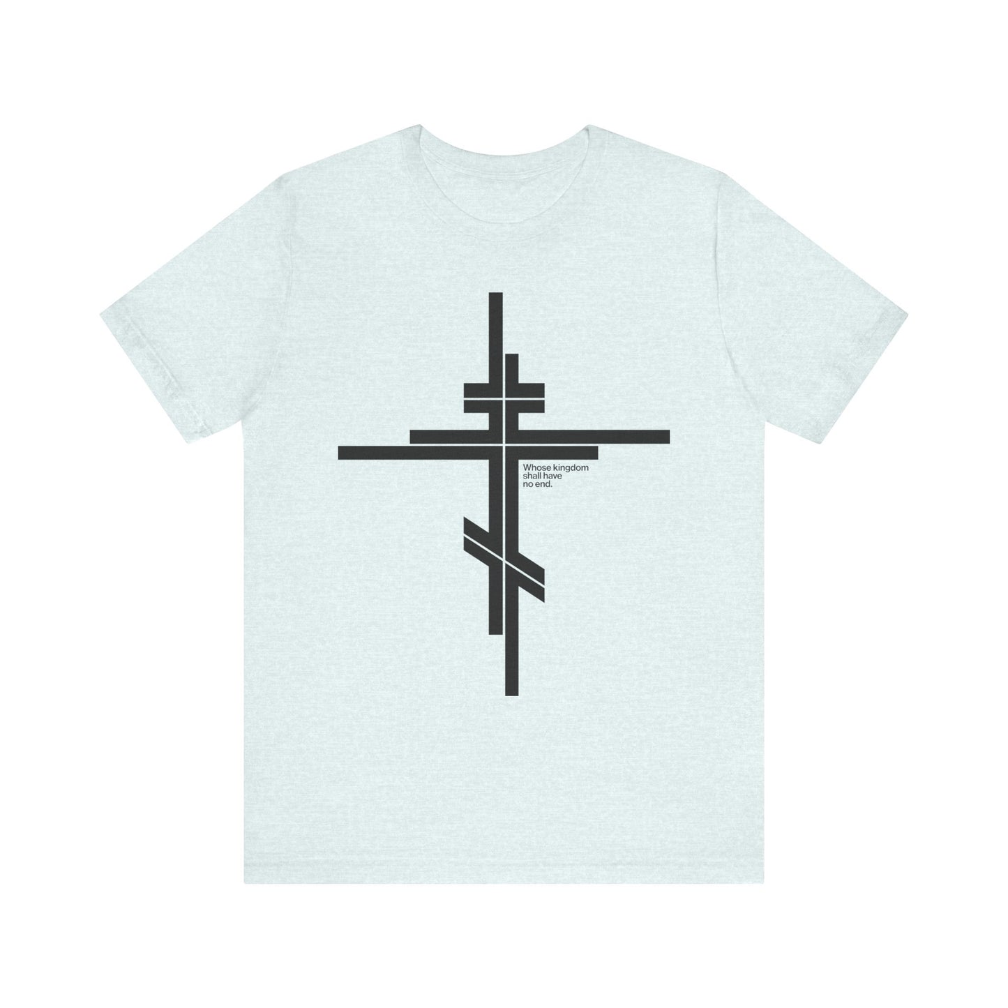 Heather ice blue t-shirt featuring a large black modernist Orthodox Cross design and minimalist text referencing "Whose Kingdom Shall Have No End" (Luke 1:32-33) on the front right side.