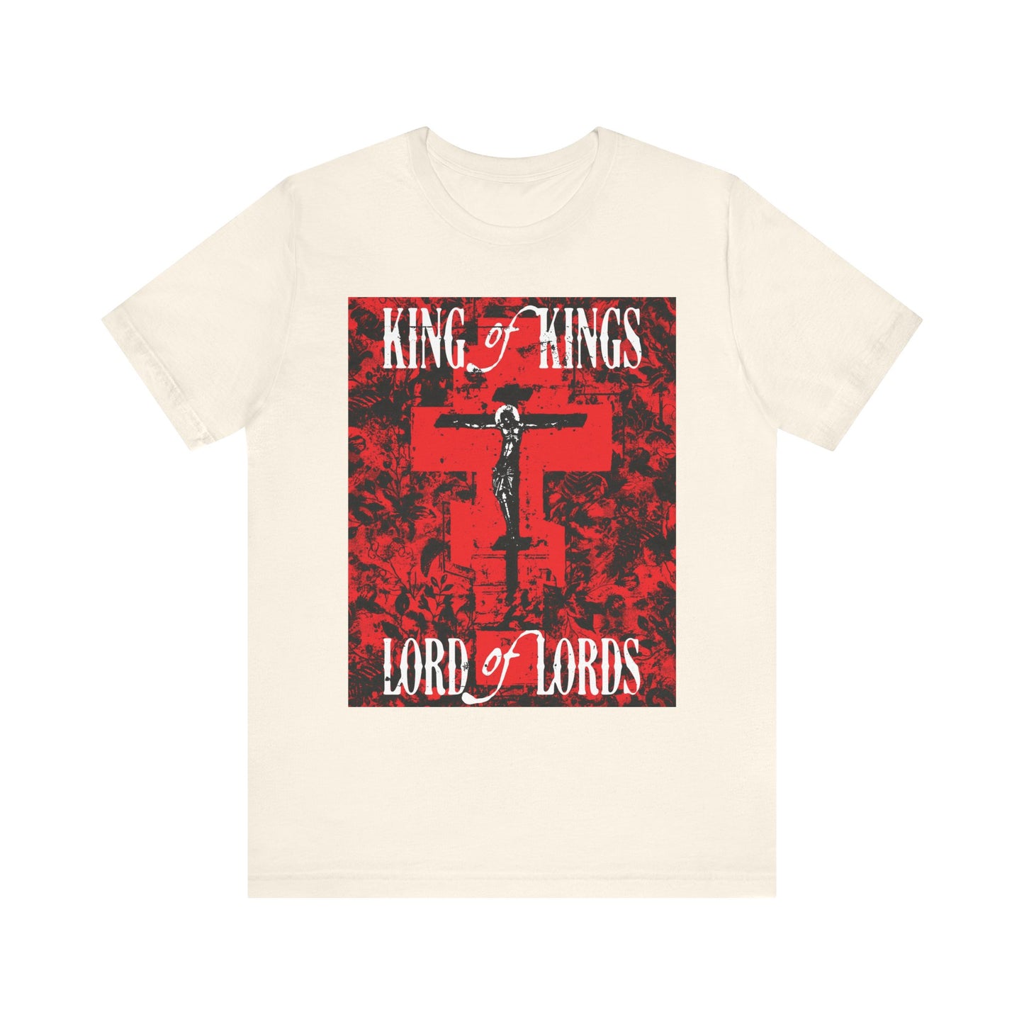 King of Kings, Lord of Lords | Christ Crucified Icono-Graphic | Red Cross Nature Texture w/ White Text | Lightweight Cotton Unisex Tee