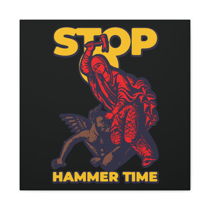 The "St Marina of Antioch Beating the Devil with a Hammer" wall art shows her raising a hammer over the devil, with "STOP, HAMMER TIME" text in red, blue, and yellow—a modern Orthodox Christian meme piece.