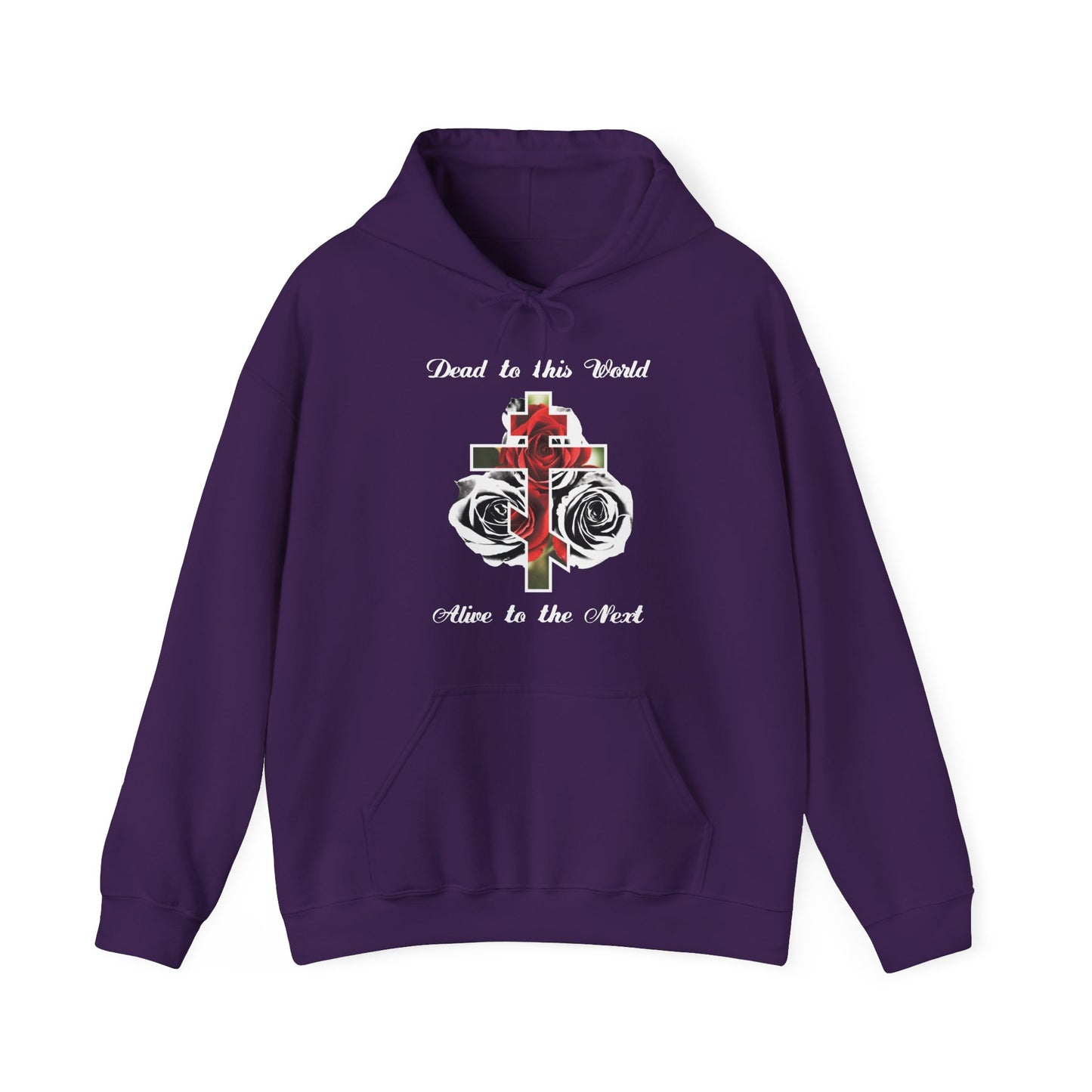 Purple “Dead to This World Alive to the Next” hoodie with cross, red roses, and inspirational Orthodox Christian message—The Cross is the Doorway to Heaven. Inspired by John 12:25. Black & white design.
