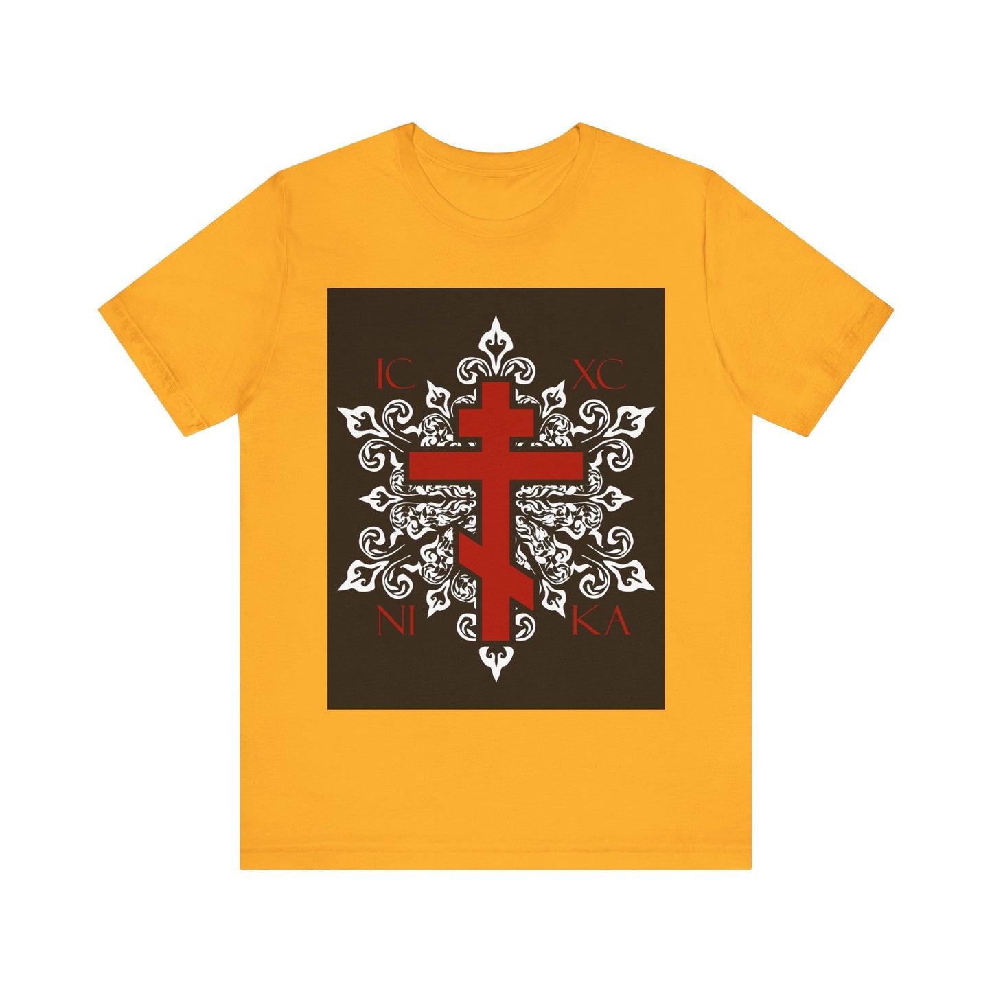 ICXC / NIKA Red Orthodox Cross on Ornate White Medieval Floral Design | Best-Selling Orthodox Christian Cotton Unisex Tee