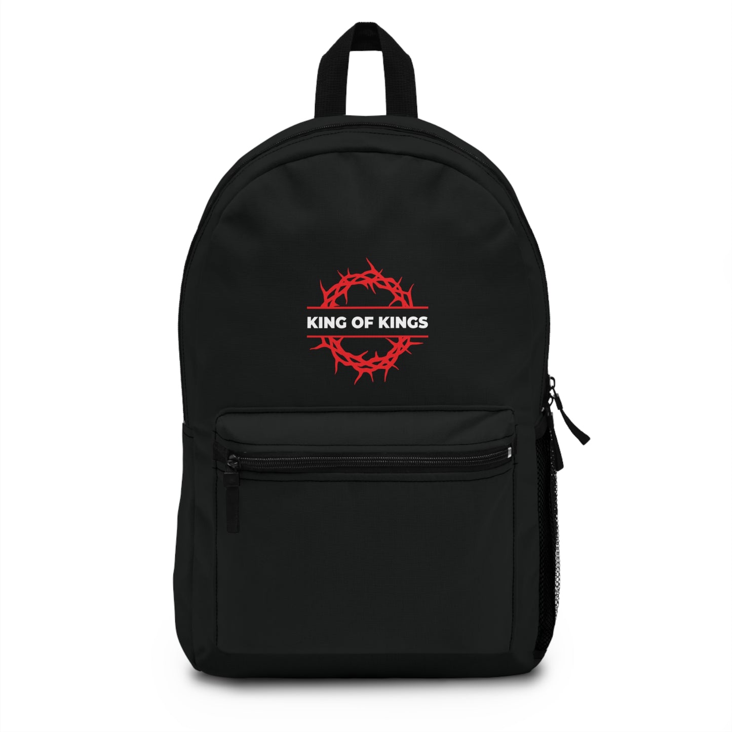 Black backpack named "King of Kings Crown of Thorns | The King of Glory | Christ is King | Revelation 19:16" with a red crown of thorns and KING OF KINGS text on the pocket, inspired by Revelation 19:16.
