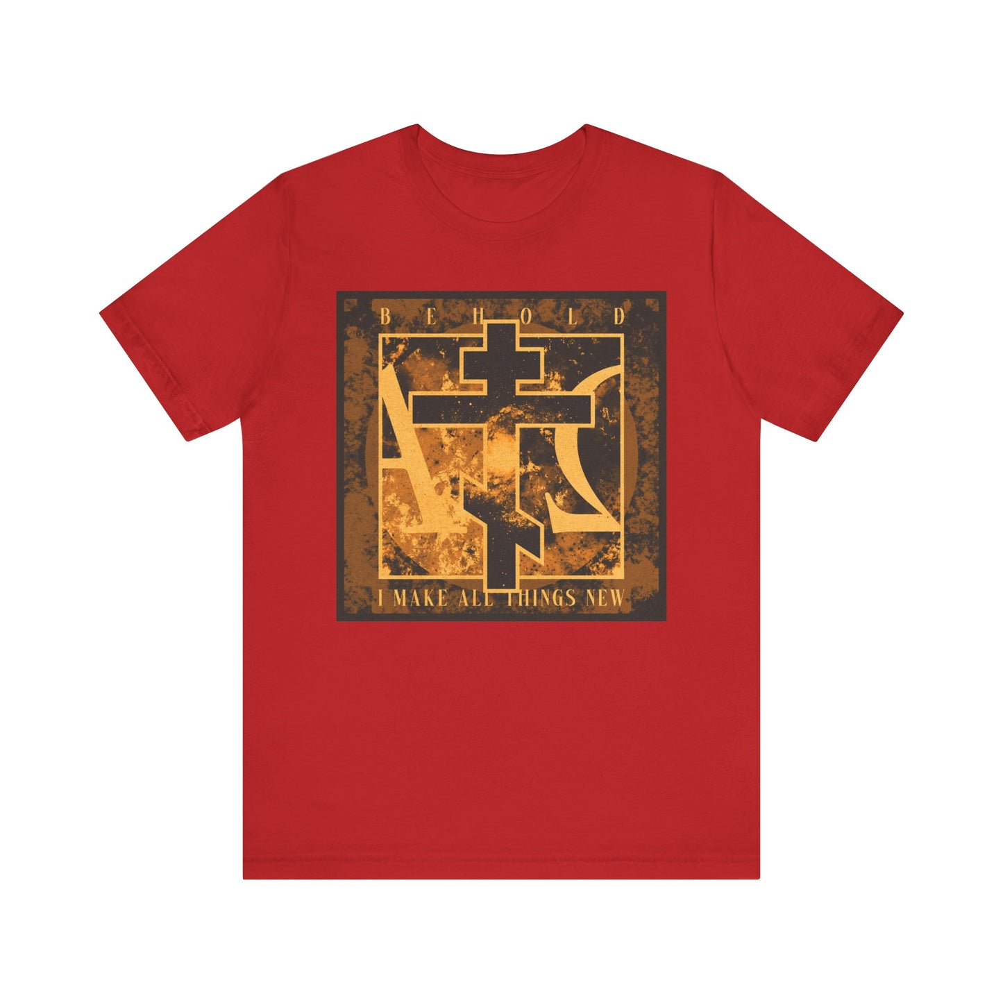 Red "Behold, I Make All Things New" (Rev 21:5) t-shirt featuring a brown & orange Orthodox Cross with Alpha & Omega on a lightweight cotton unisex fit. Inspired by the promise of a new heaven and earth.