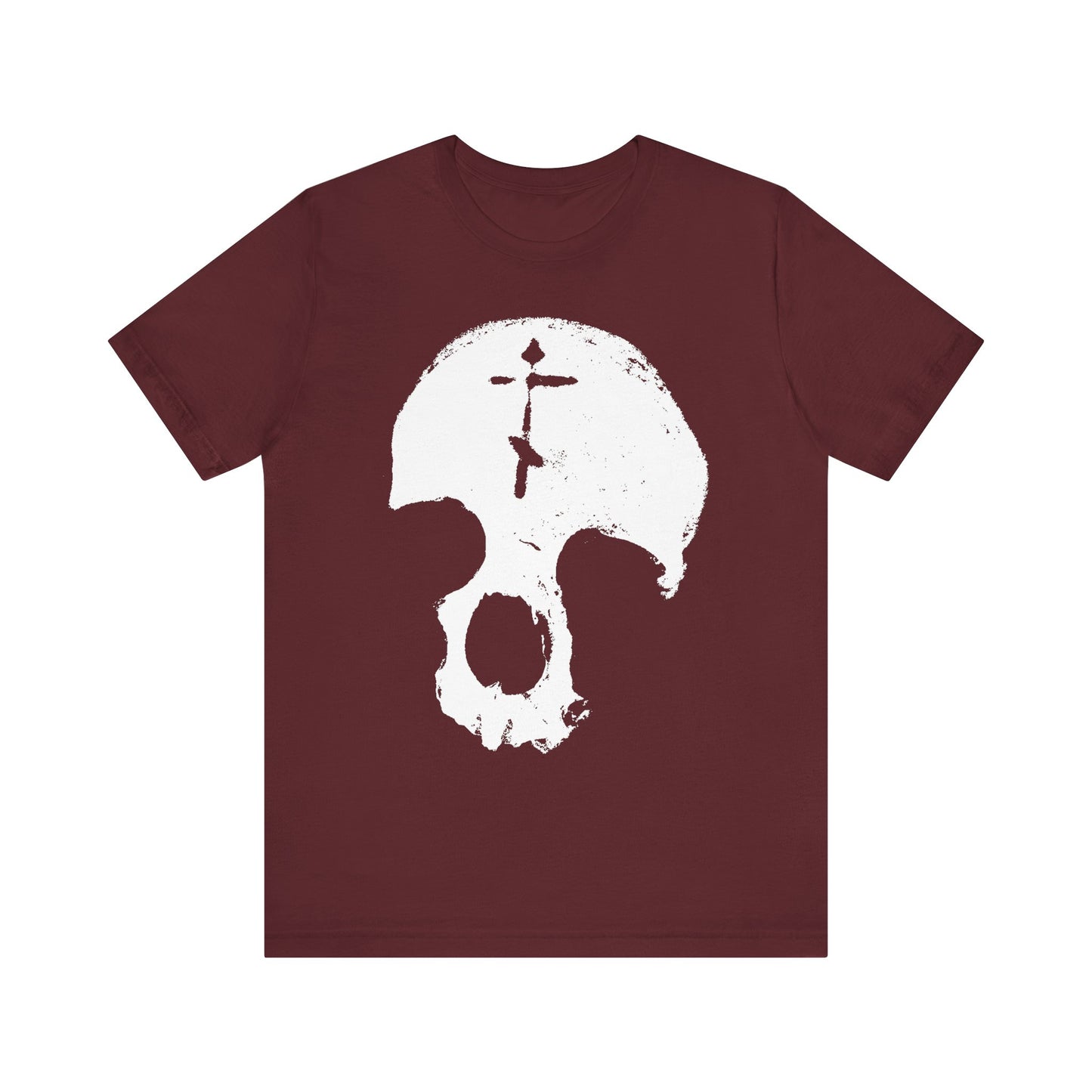 Maroon "Skull With Orthodox Cross" lightweight cotton unisex tee featuring a large distressed white skull graphic on the front, artfully reflecting the themes of vanity and mortality inspired by St Ignatius Brianchaninov.