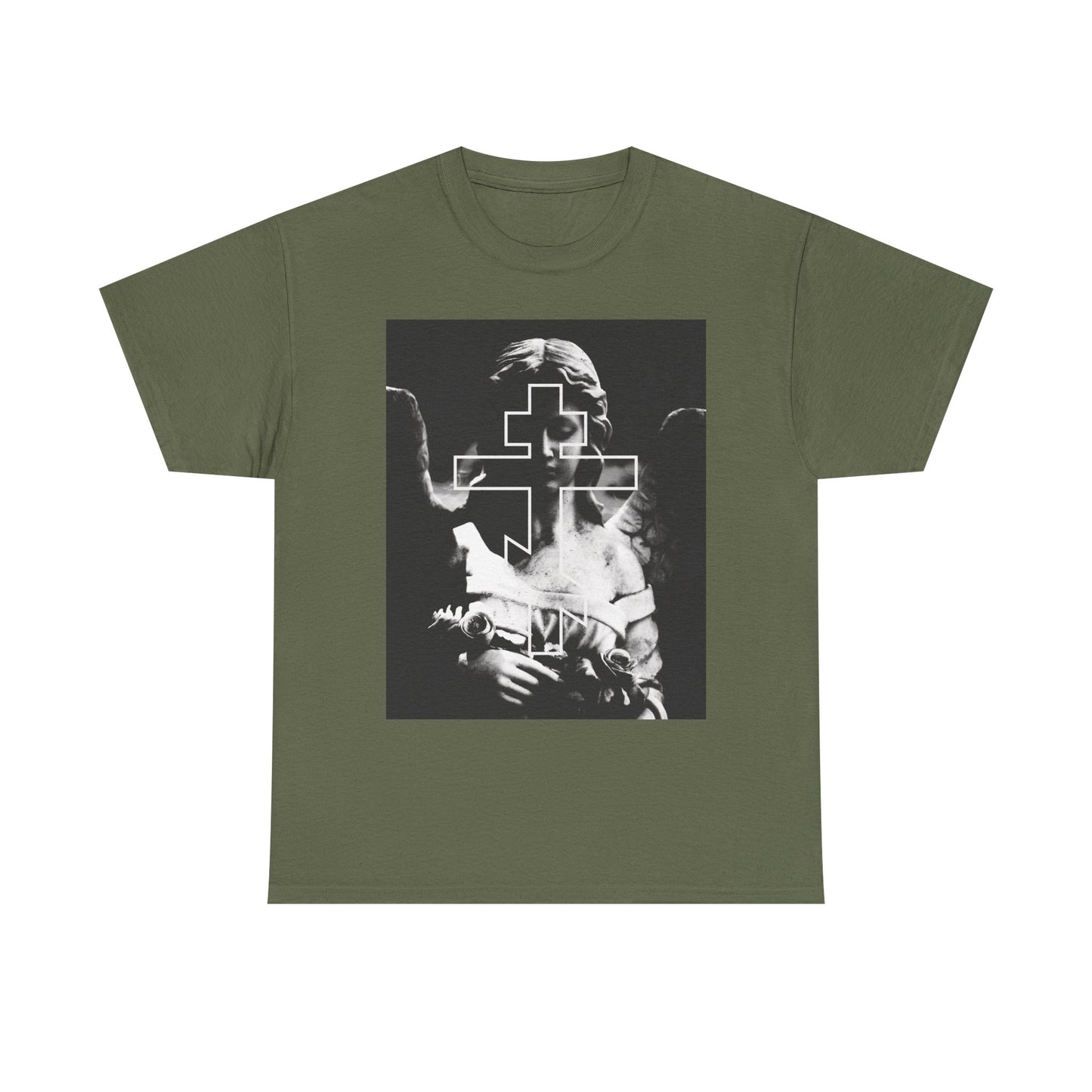 Military green Cemetery Angel Orthodox Cross tee in grayscale goth aesthetic, featuring angel statue and cross graphic with "Remember You Will Die" memento mori design—midweight cotton unisex shirt for inspired souls.