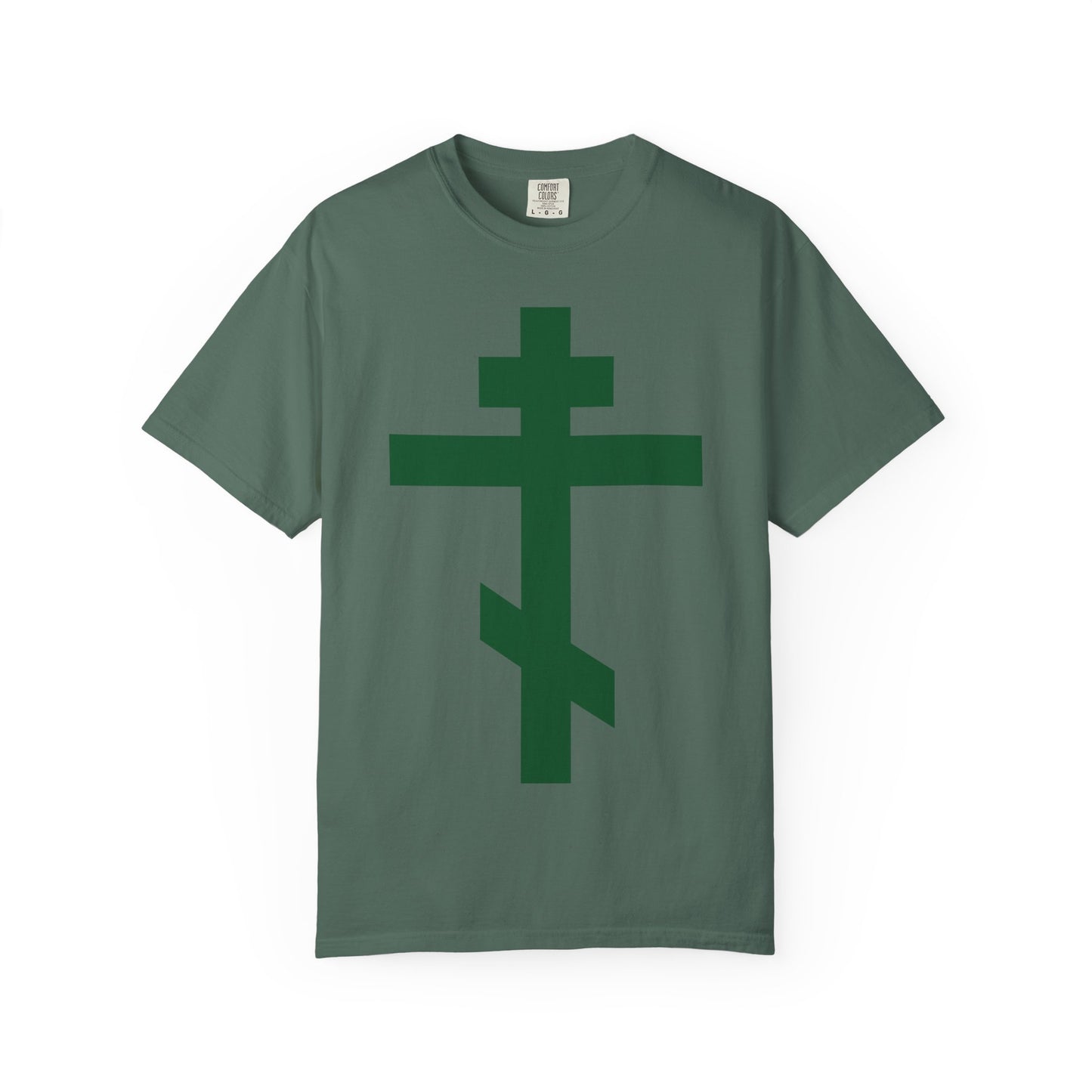Blue Spruce unisex heavyweight cotton tee featuring a large, dark green Orthodox Tribar Cross on the front, inspired by the Troparion of the Cross and St. John of Kronstadt, with “Preserve Thy People By Thy Cross, O Lord | Christ is King” design.
