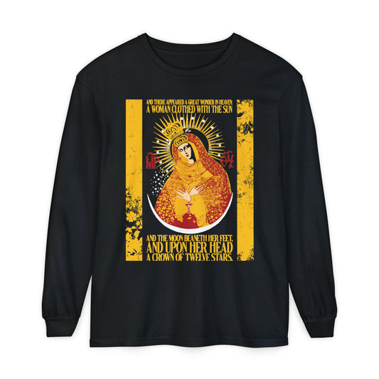 Black cotton long-sleeve shirt with a gold floral design of the Theotokos, inspired by Our Lady the Gate of Dawn and Woman of the Apocalypse (Rev 12:1), featuring Orthodox Christian art.