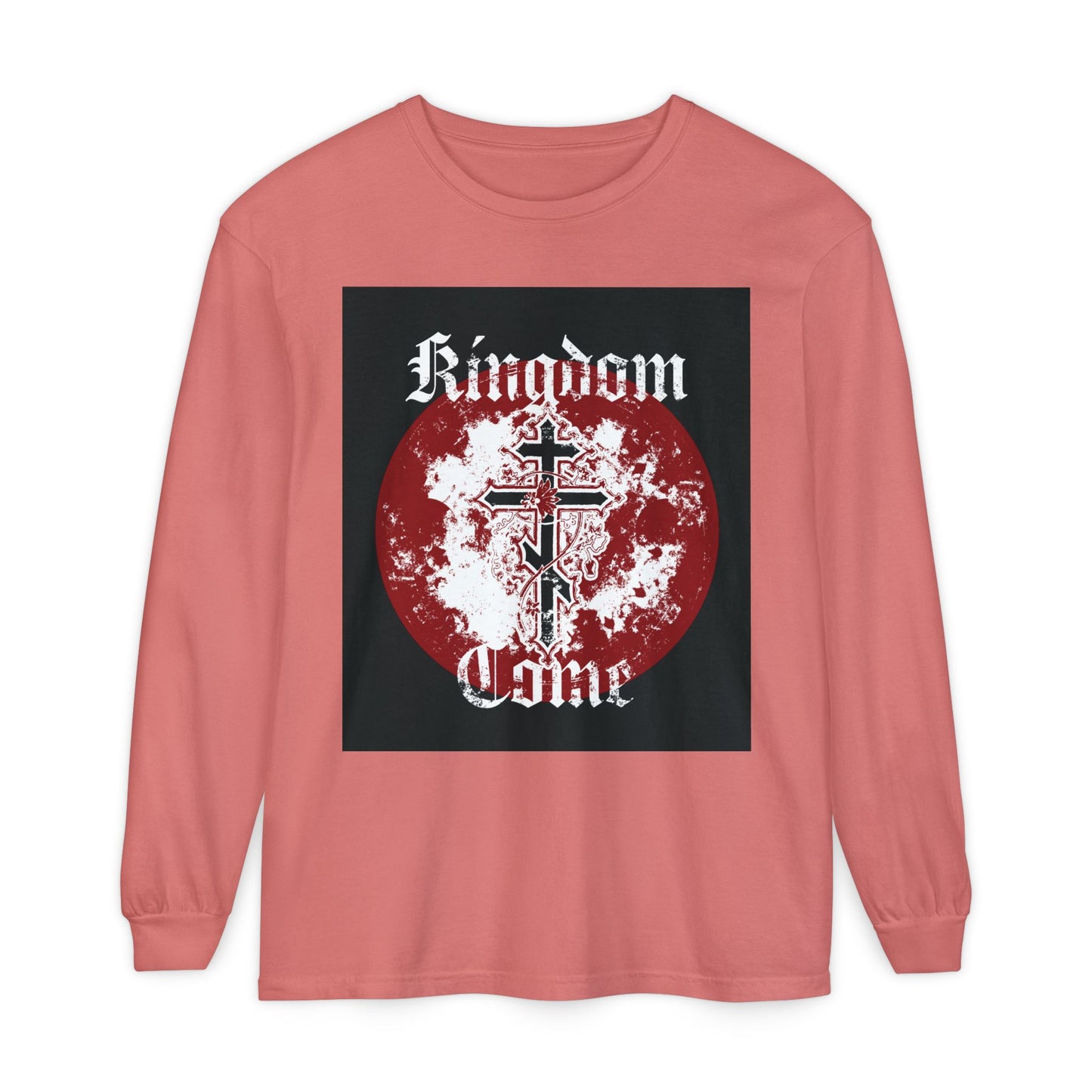 Kingdom Come | Lord's Prayer | Orthodox Cross with Vine | Textured Gothic Font | Orthodox Long Sleeve Cotton Shirt