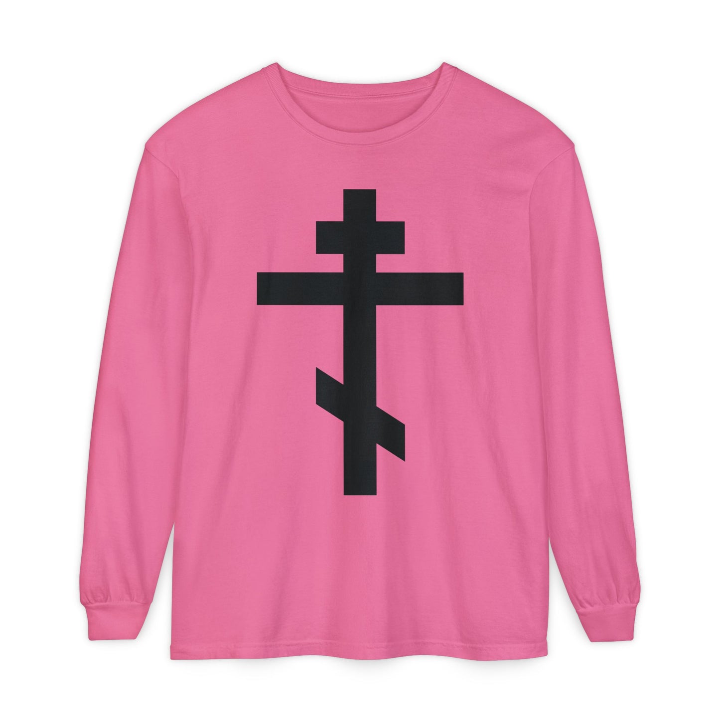 Crunchberry long-sleeve shirt featuring a bold black Orthodox cross and "May I never boast, except in the cross of our Lord Jesus Christ" (Gal 6:14) on the front. Inspired by St John Chrysostom.