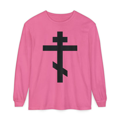 Crunchberry long-sleeve shirt featuring a bold black Orthodox cross and "May I never boast, except in the cross of our Lord Jesus Christ" (Gal 6:14) on the front. Inspired by St John Chrysostom.