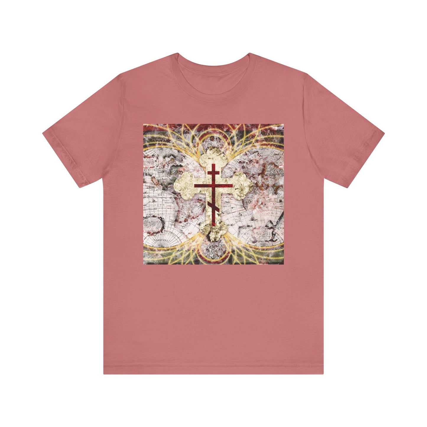 Mauve “Conqueror of Death” Orthodox Christian tee featuring a red cross over an antique map with glowing magnetic lines, inspired by Revelation 1:18. Lightweight cotton unisex fit.