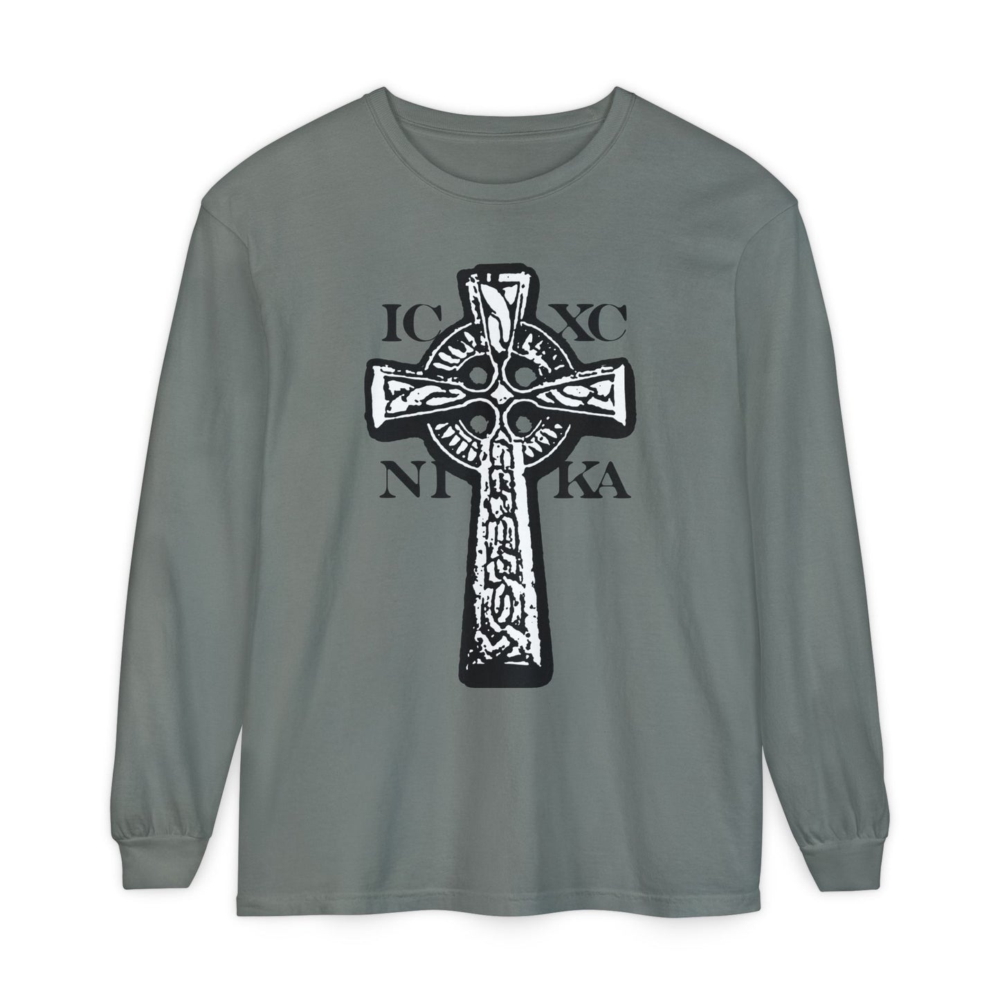 Grey long-sleeve shirt with a black & white ICXC NIKA Celtic Knotwork Cross on red, symbolizing "Jesus Christ Conquers" in Orthodox tradition.