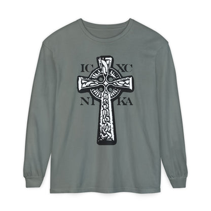Grey long-sleeve shirt with a black & white ICXC NIKA Celtic Knotwork Cross on red, symbolizing "Jesus Christ Conquers" in Orthodox tradition.