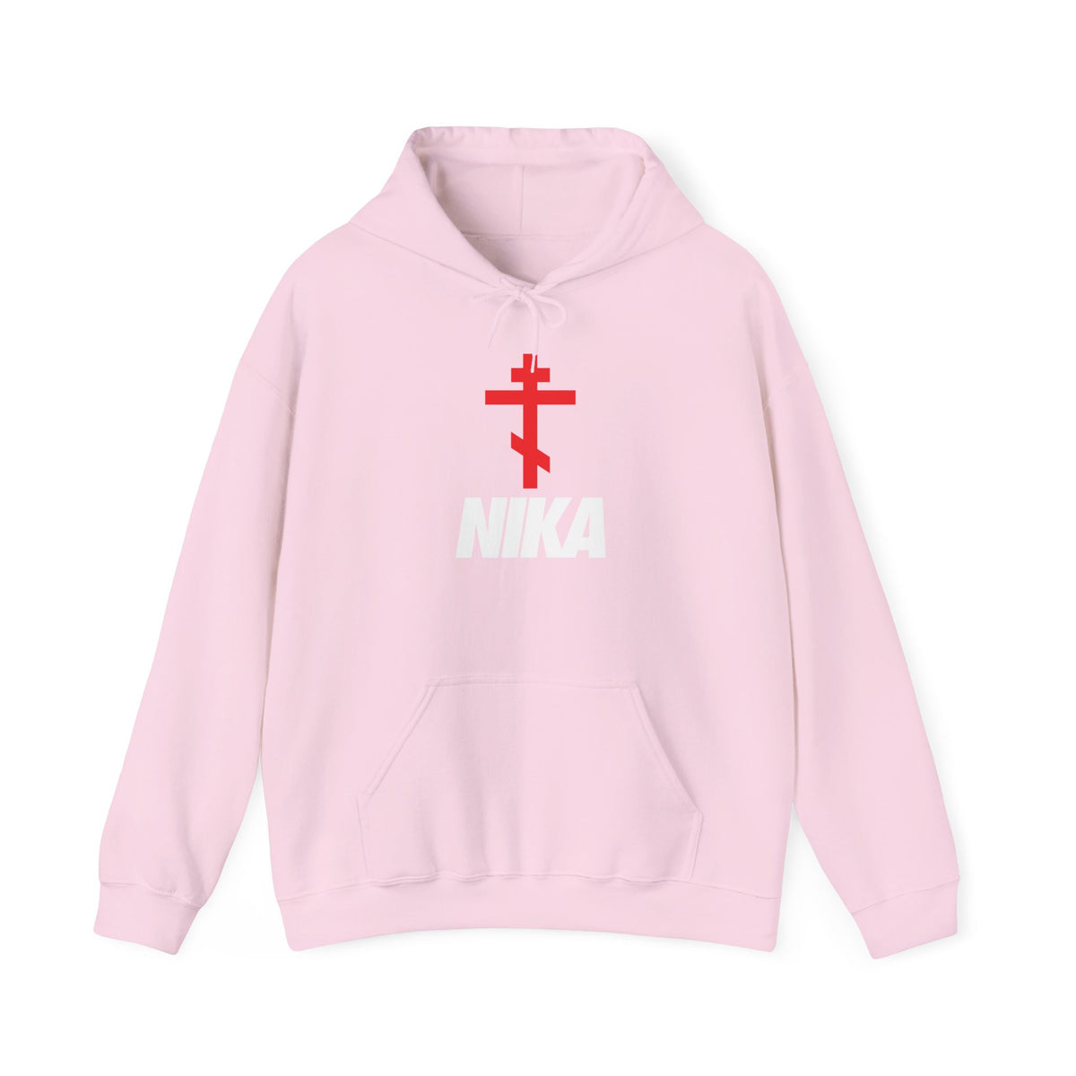 Light pink “NIKA Orthodox Cross | NIKE Logo Mashup” hoodie featuring a red Orthodox cross above the Christogram “NIKA” in bold white letters on the front, blending minimalist corporate sports logo design with traditional Orthodox iconography for a unique piece of Christian activewear.