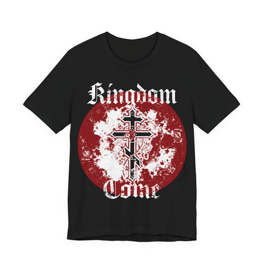 Black cotton unisex Kingdom Come T-shirt featuring an Orthodox cross with vine design and gothic "Kingdom Come" text, inspired by the Lord’s Prayer.