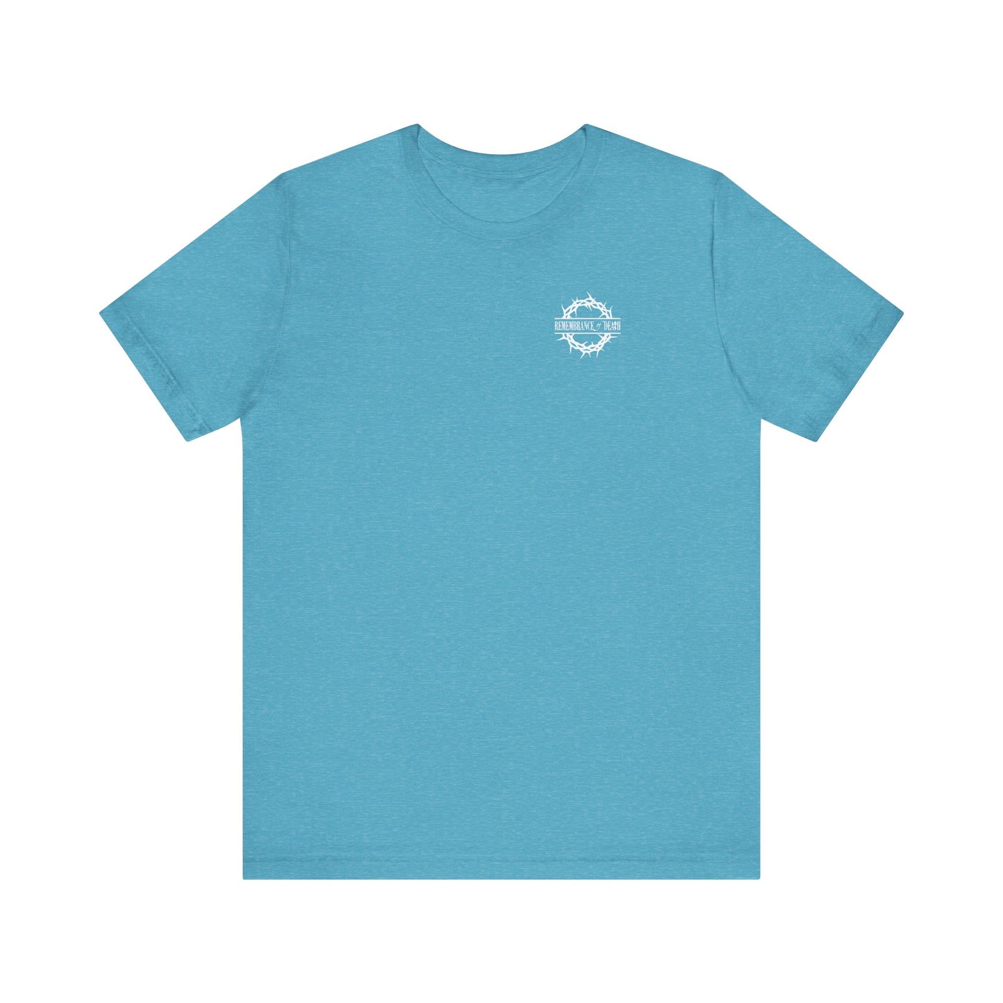 Heather Aqua BACK PRINT 2-Sided Unisex Tee features a small white branded logo on the front and "Dead to this World" Christian Goth flower cross & skull design, inspired by the Ladder of Divine Ascent. Lightweight cotton, shown on plain white background.