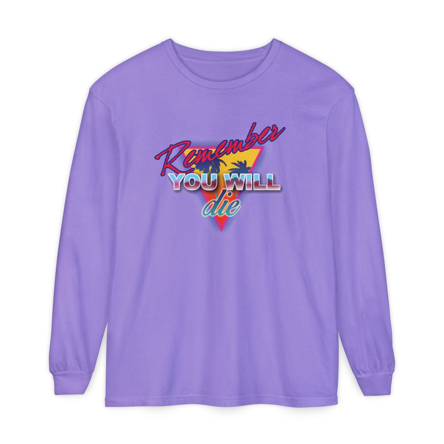 Violet long-sleeve cotton shirt with “Remember You Will Die” and palm tree in 80s retro synthwave style—Orthodox memento mori inspired by St. John Climacus’ Ladder of Divine Ascent.