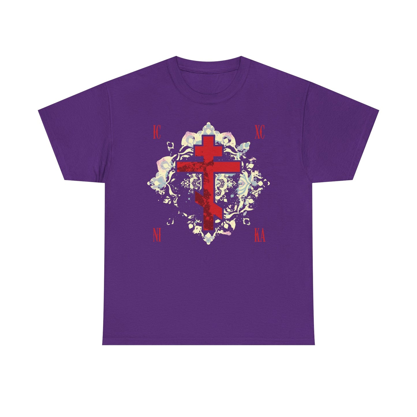 ICXC NIKA | Jesus Christ Conquers | Textured Red Orthodox Cross w/ Medieval Floral Background | Orthodox Midweight Cotton Unisex Tee