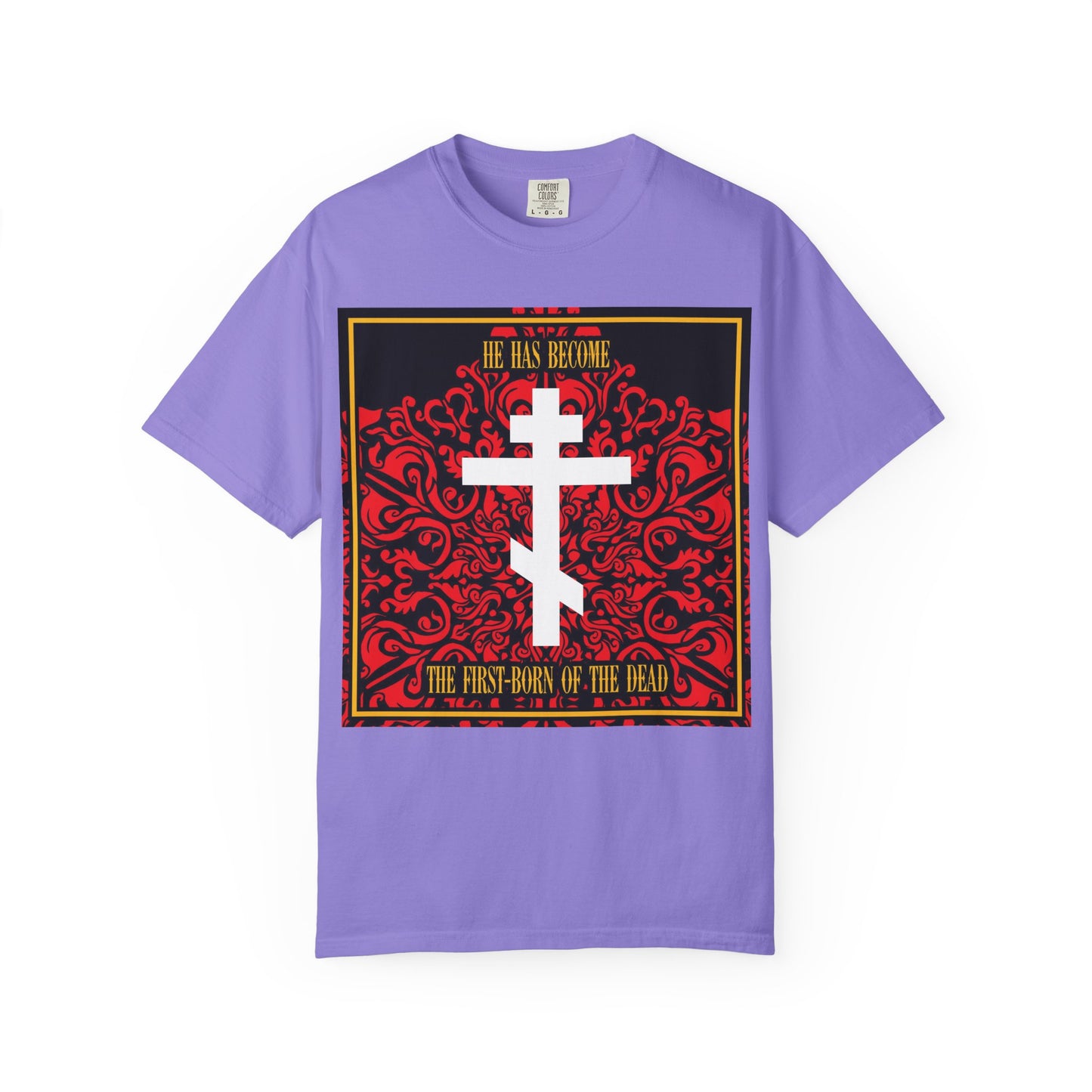 Introducing the "He Has Become the First-Born of the Dead" heavyweight cotton unisex tee: a violet jersey t-shirt with a striking red floral texture, white Orthodox cross, and bold text—a powerful statement piece for Christians.