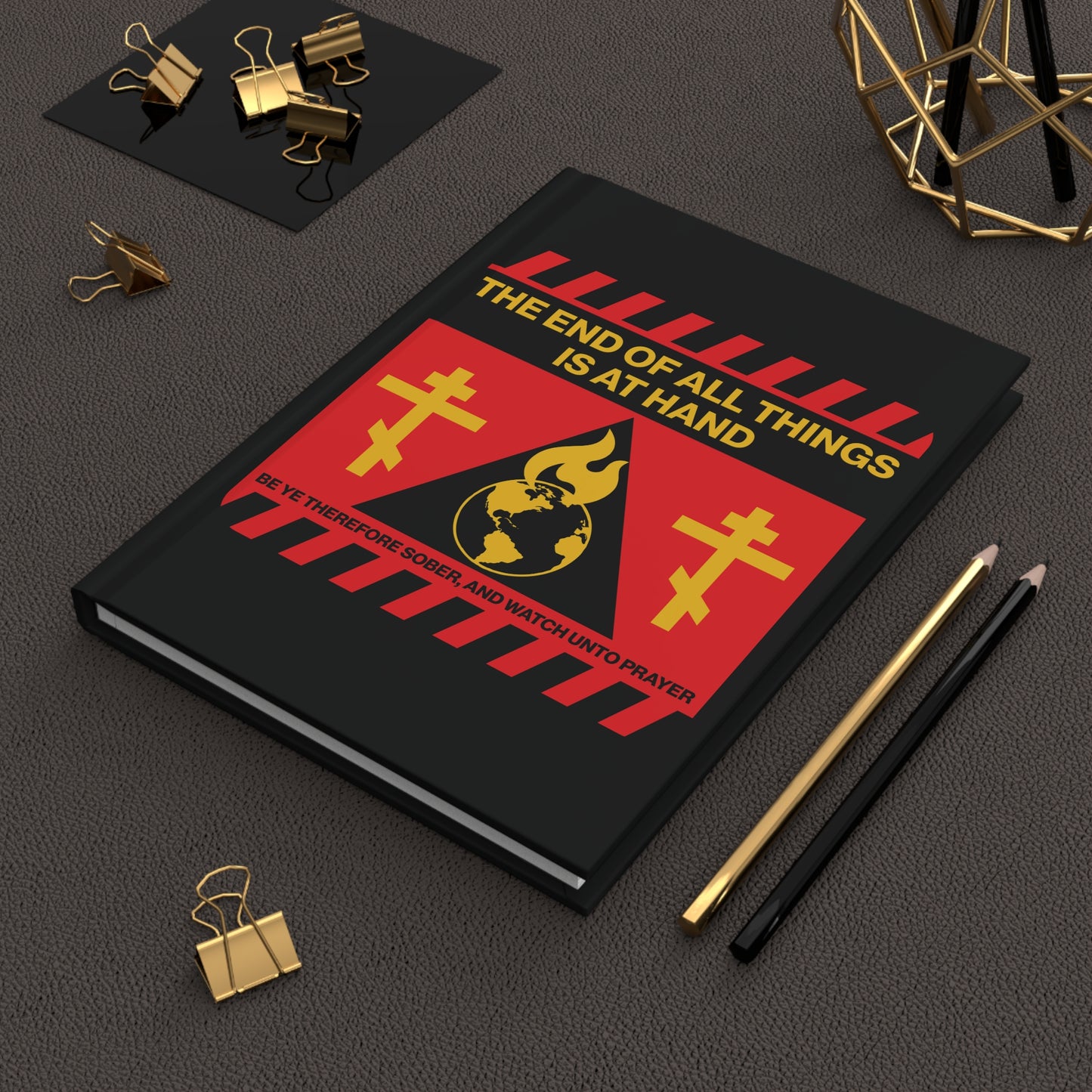 The End of All Things Is At Hand (1 Peter 4:7) | Striking Red and Yellow Street Sign Apocalyptic Aesthetic | Orthodox Christian Hardcover Blank Journal