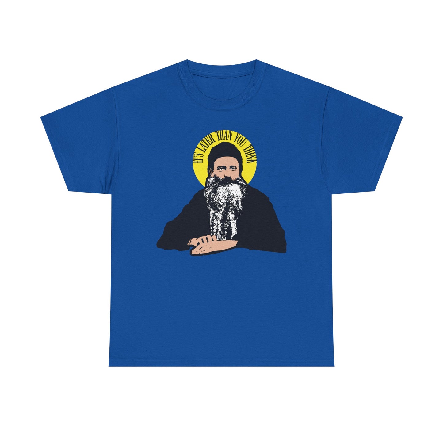 Royal T-shirt featuring Fr Seraphim Rose with a yellow halo and the quote "It's Later Than You Think." Modern American Orthodox Saint design on heavy cotton.