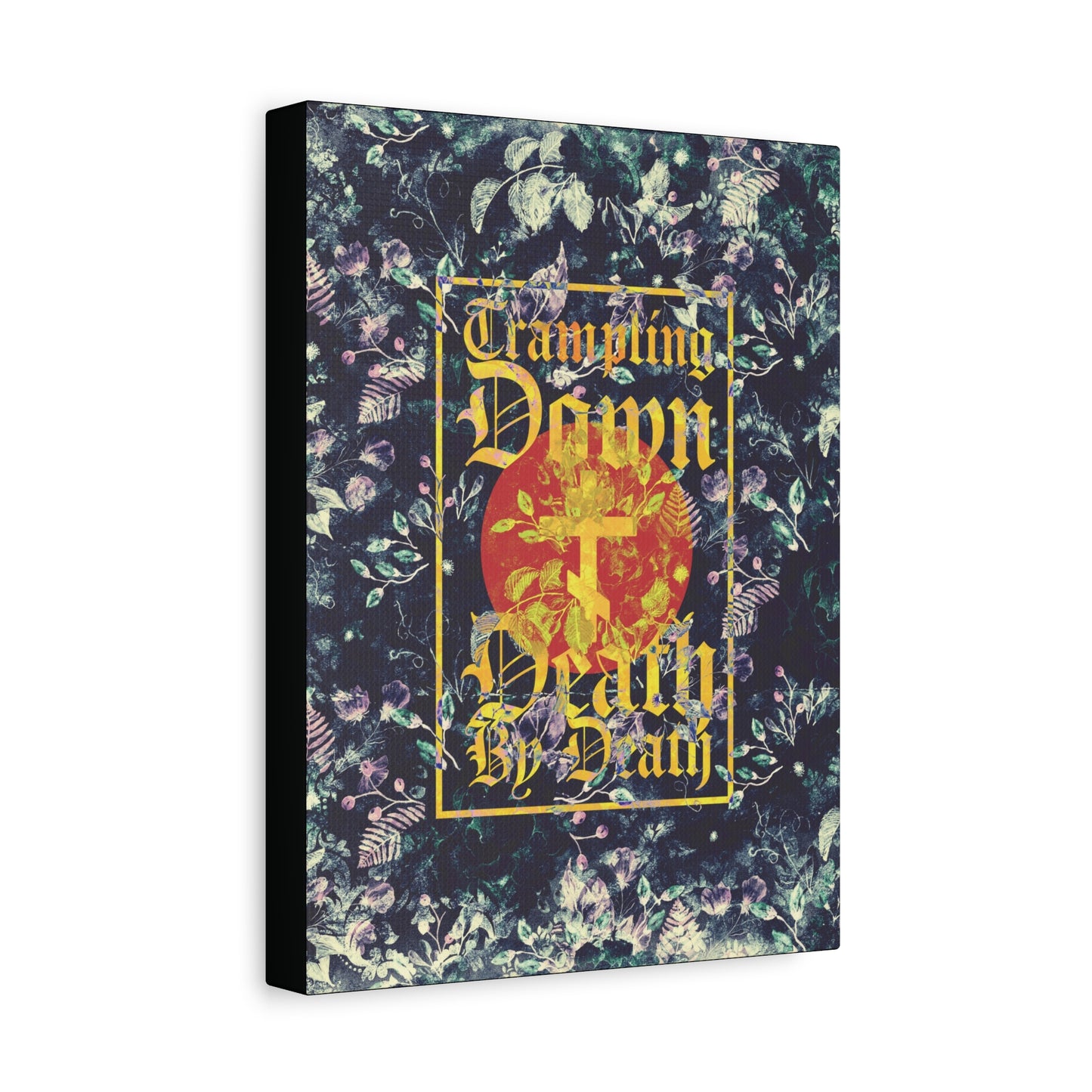 Trampling Down Death By Death | Paschal Floral Design with Gothic Script and Three-Bar Cross | Orthodox Christian Canvas Art