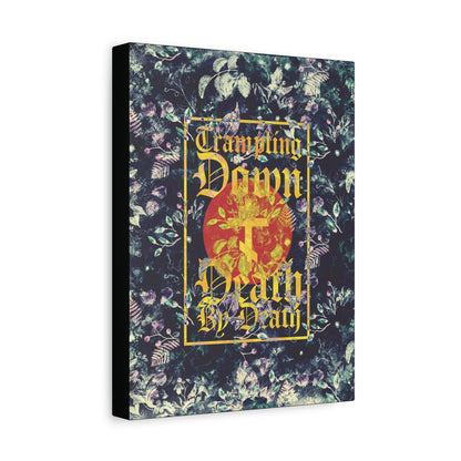 Trampling Down Death By Death | Paschal Floral Design with Gothic Script and Three-Bar Cross | Orthodox Christian Canvas Art