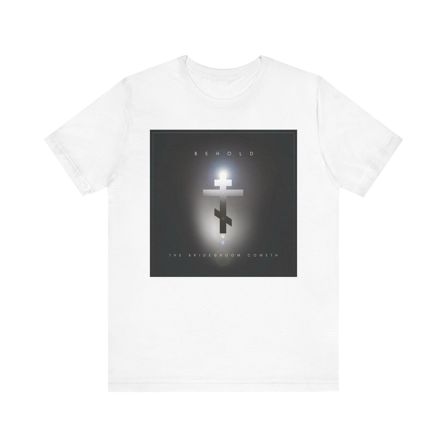White Behold the Bridegroom Minimalist Cinematic Lens Flare Design Orthodox Christian Lightweight Cotton Unisex T-Shirt featuring a glowing cross and "BEHOLD The Bridegroom Cometh" text, inspired by St Augustine’s teachings.