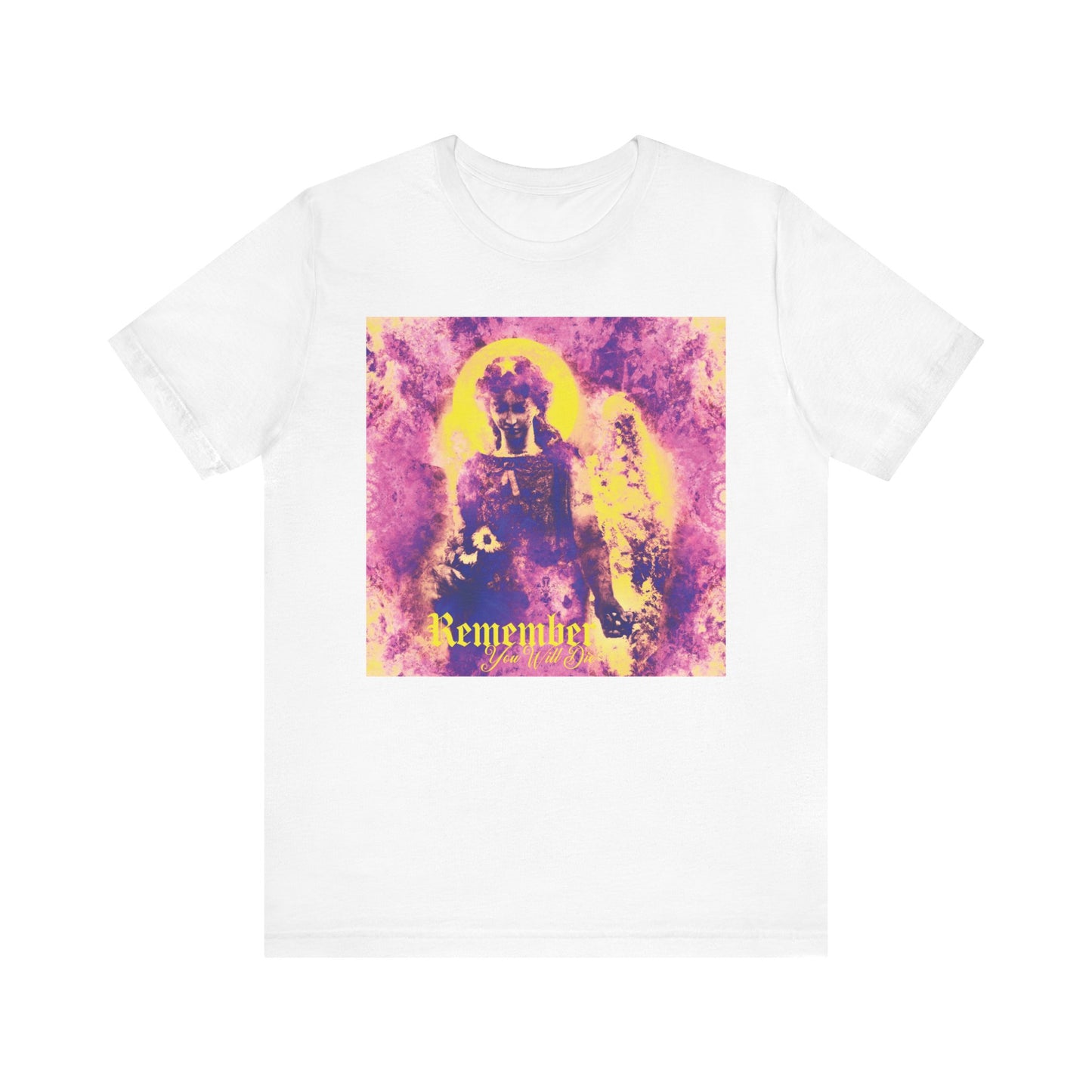 White t-shirt featuring a pastel goth psychedelic cemetery angel graphic and the text "Remember You Will Die" on the front, combining Orthodox Christian themes with a unique reminder of prayer and protection.