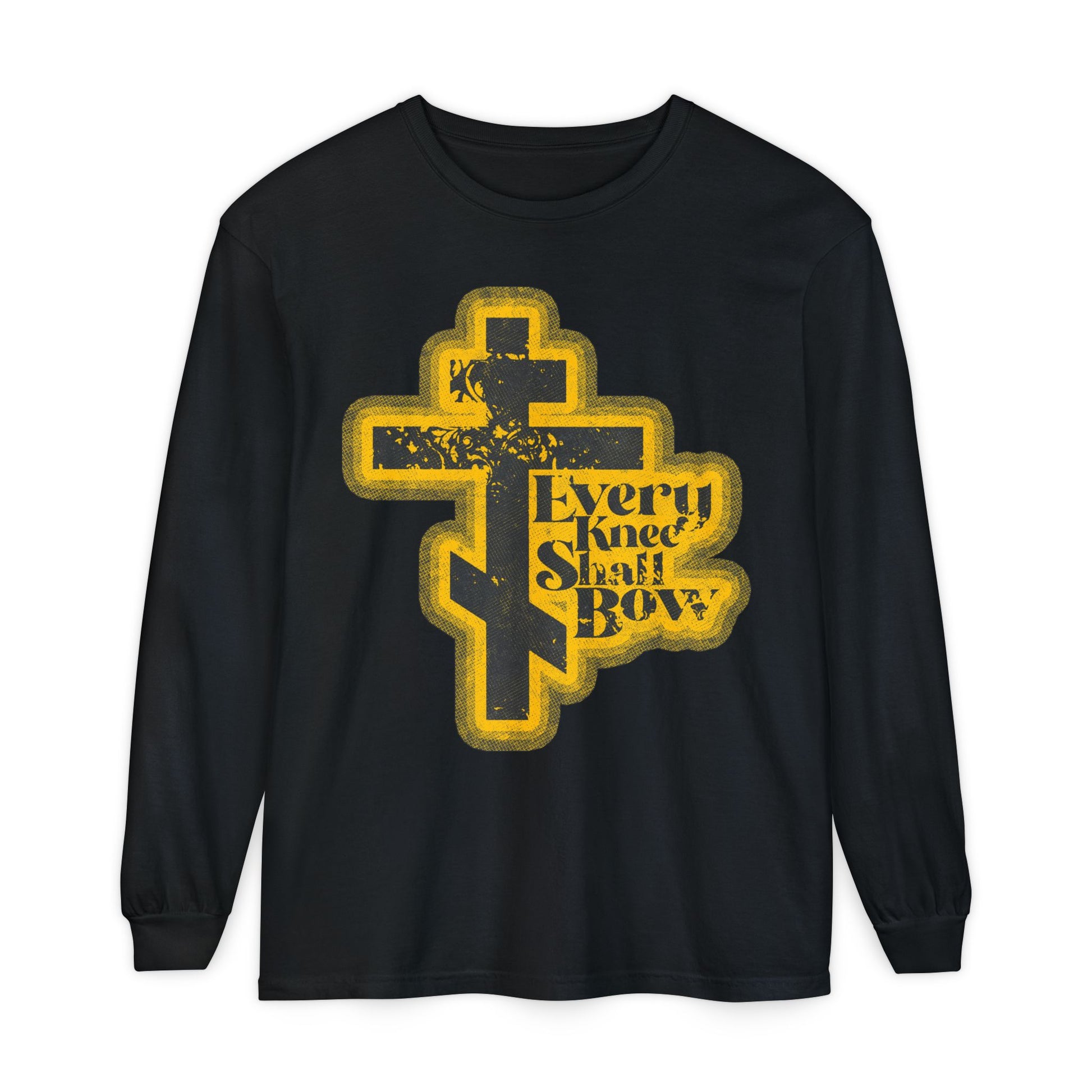 Black long sleeve: "Every Knee Shall Bow" in 70s distressed halftone comic book style with yellow Orthodox cross. Inspired by Philippians 2:10-11 & Isaiah 45:23. Orthodox Christian apparel declaring Jesus Christ is Lord.