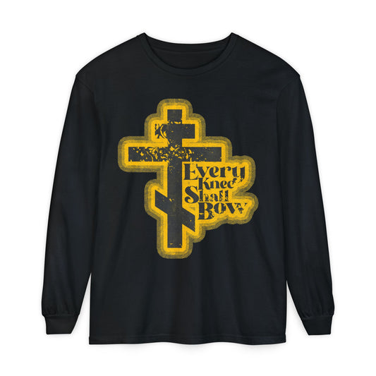 Black long sleeve: "Every Knee Shall Bow" in 70s distressed halftone comic book style with yellow Orthodox cross. Inspired by Philippians 2:10-11 & Isaiah 45:23. Orthodox Christian apparel declaring Jesus Christ is Lord.