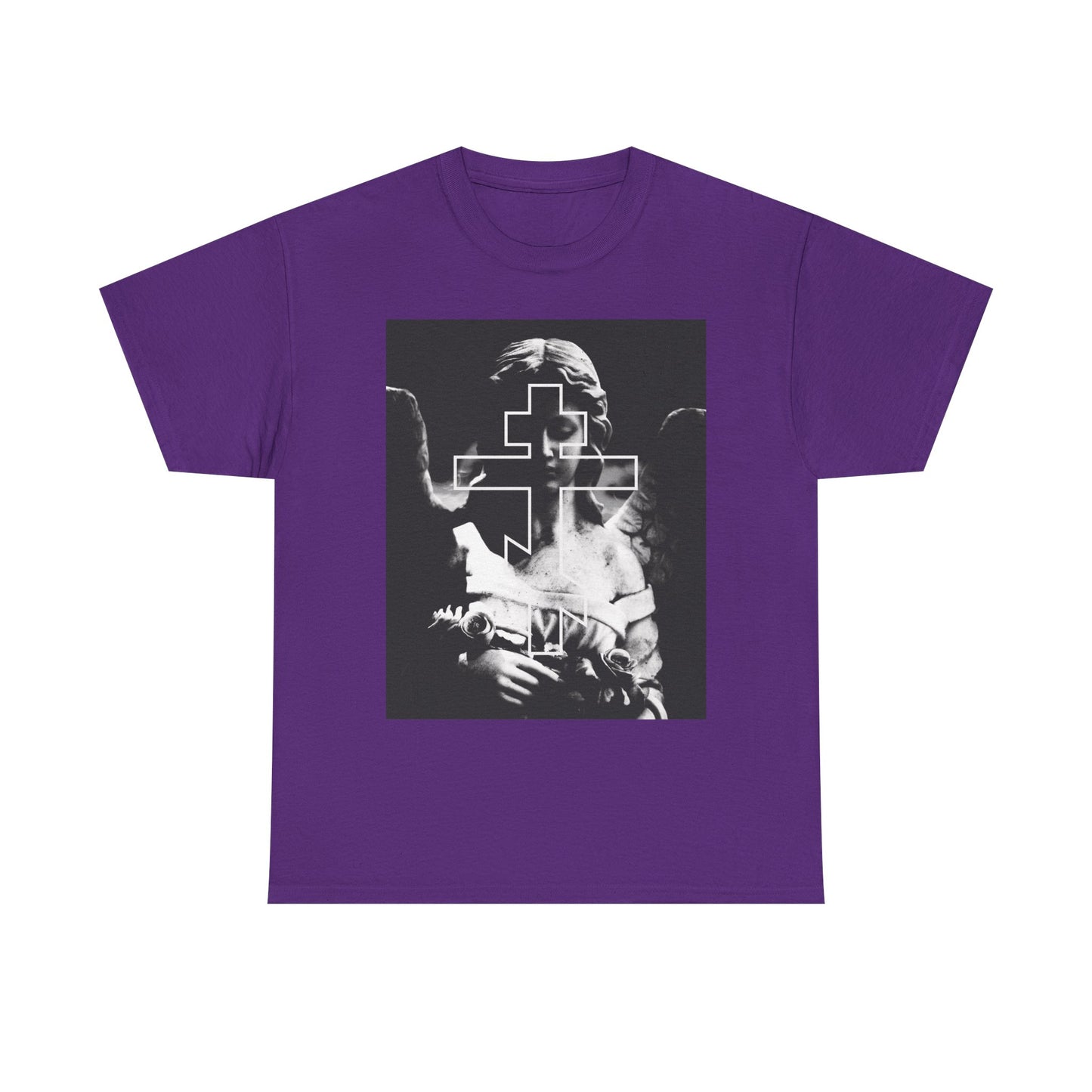 Purple unisex tee with a grayscale goth cemetery angel and bold Orthodox cross, inspired by memento mori—perfect for those who appreciate the "remember you will die" aesthetic.