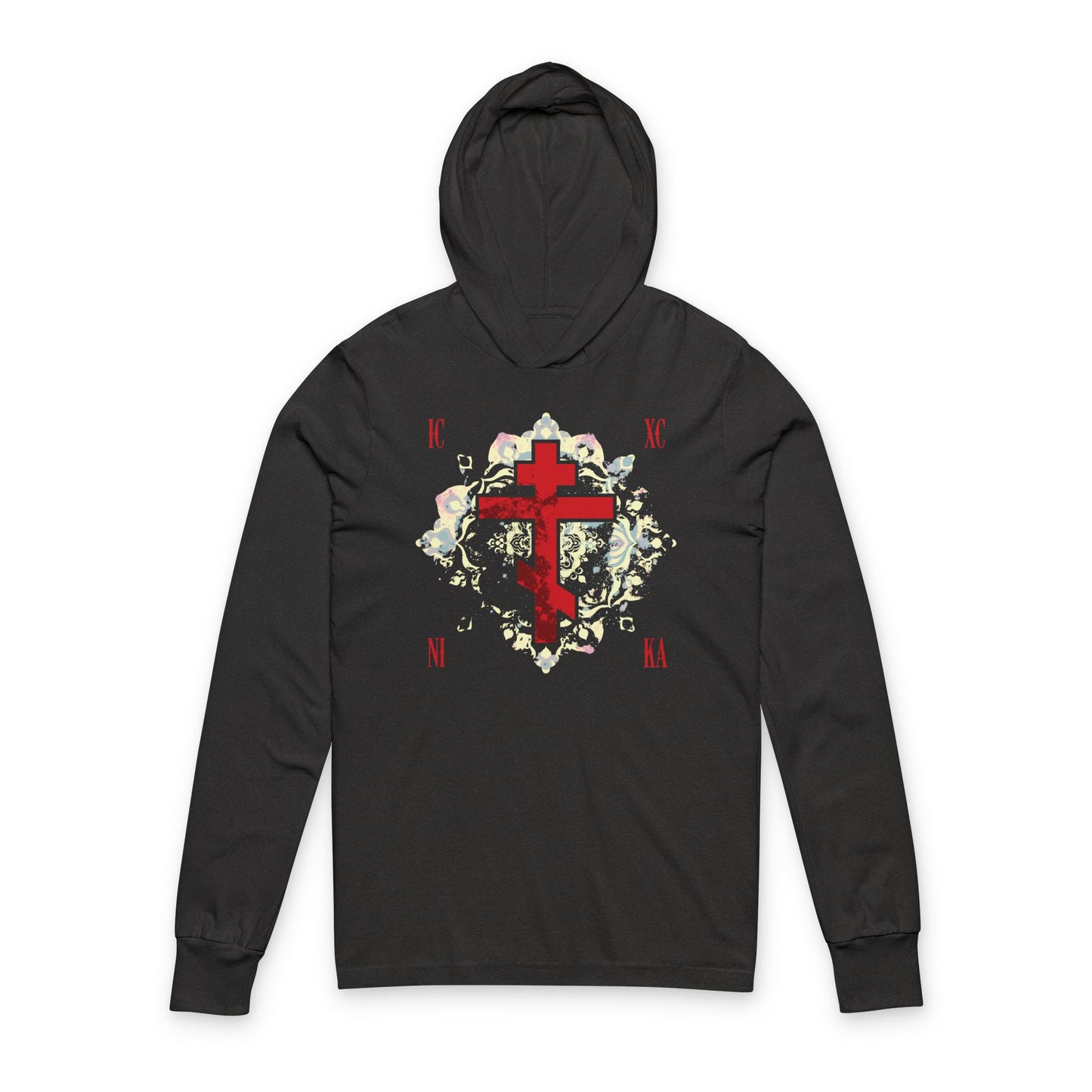 Charcoal Black TriBlend Orthodox hoodie featuring a textured red ICXC NIKA cross with medieval floral background, symbolizing “Jesus Christ Conquers”—inspired by faith and endurance, crafted from soft cotton.