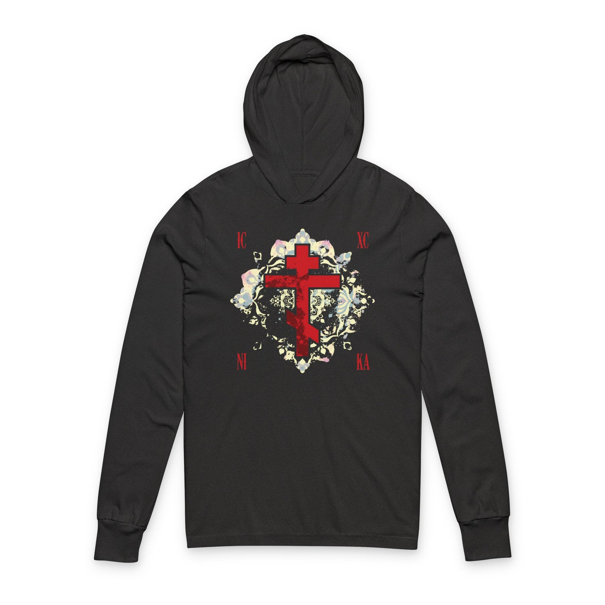 Charcoal Black TriBlend Orthodox hoodie featuring a textured red ICXC NIKA cross with medieval floral background, symbolizing “Jesus Christ Conquers”—inspired by faith and endurance, crafted from soft cotton.