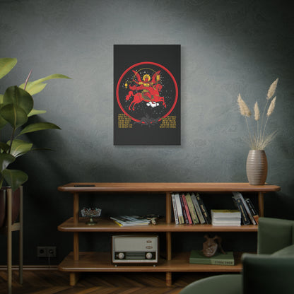 A mid-century shelf with books, plants, and decor sits below the "Archangel Michael of the Apocalypse Icono-Graphic | War in Heaven (Rev 12:7-9) | Satan Cast Out | Christian Canvas Art" on a textured gray wall.