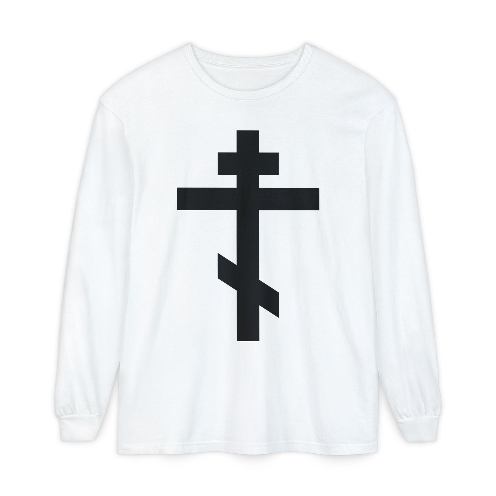 White long-sleeve "Black Orthodox Cross" shirt, featuring Gal 6:14: "May I never boast, except in the cross of our Lord Jesus Christ." Bold black Orthodox cross design inspired by tradition.
