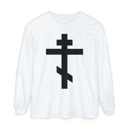 White long-sleeve "Black Orthodox Cross" shirt, featuring Gal 6:14: "May I never boast, except in the cross of our Lord Jesus Christ." Bold black Orthodox cross design inspired by tradition.