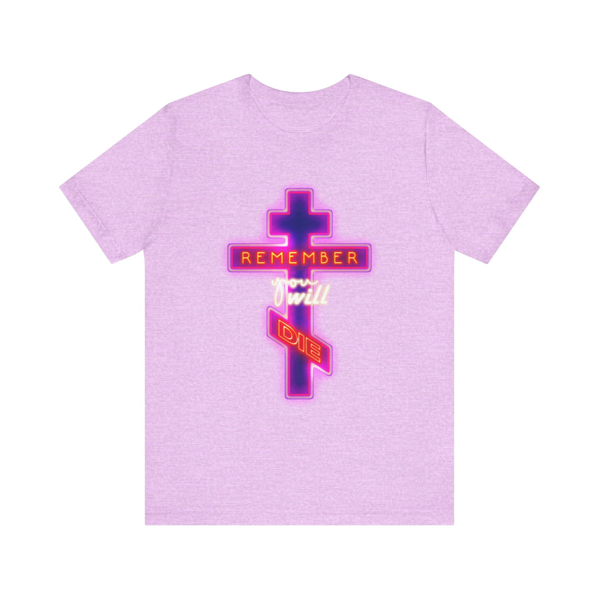 Heather Prism Lilac unisex lightweight cotton tee featuring a neon Orthodox cross design and the phrase “Remember You Will Die” in bold lettering, inspired by the Orthodox Christian memento mori tradition and the spiritual teachings of Hesychius the Horebite.
