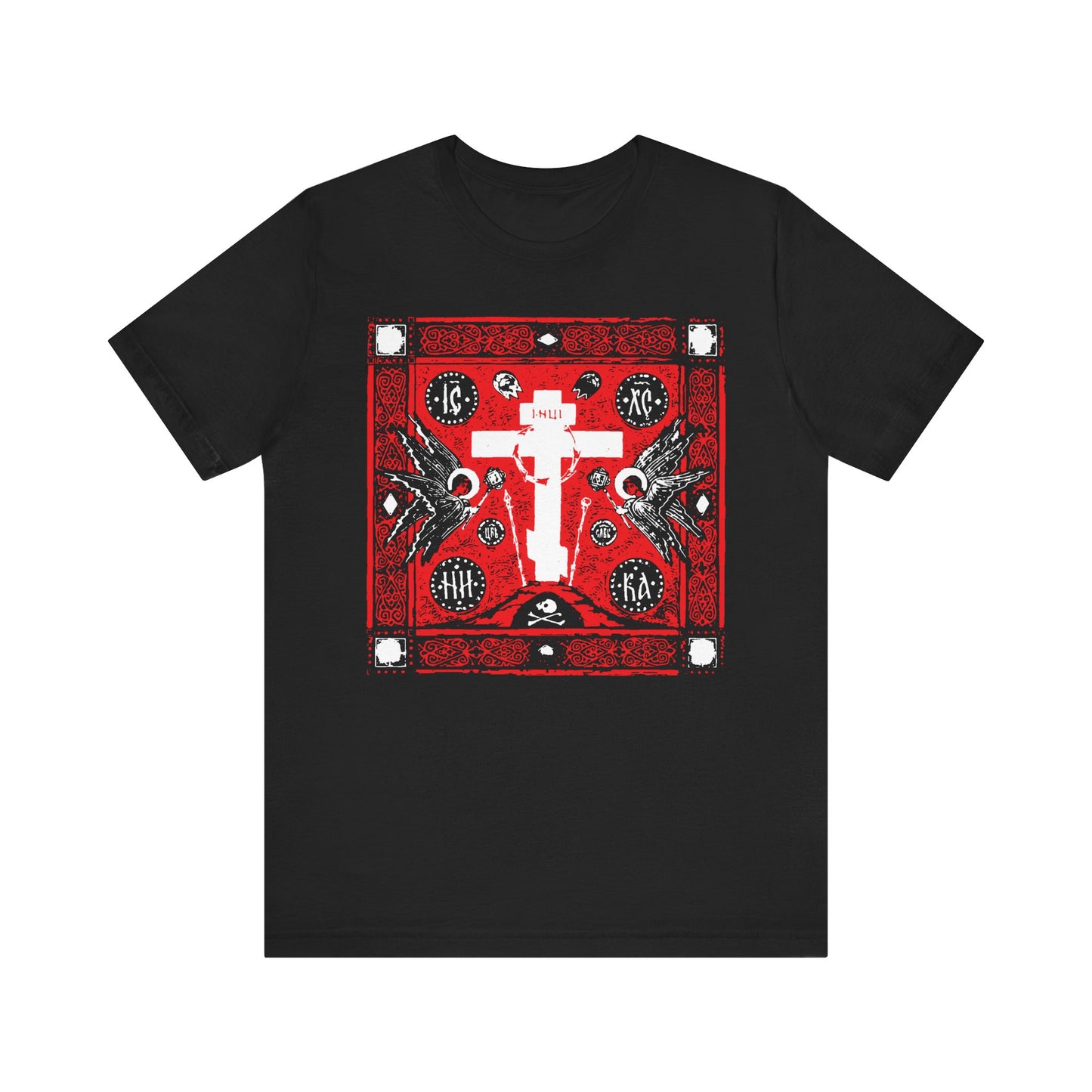 Black Adoration of Holy Cross IconoGraphic t-shirt with a striking red, white, and black Russian cross design featuring angels. Lightweight cotton, unisex fit.
